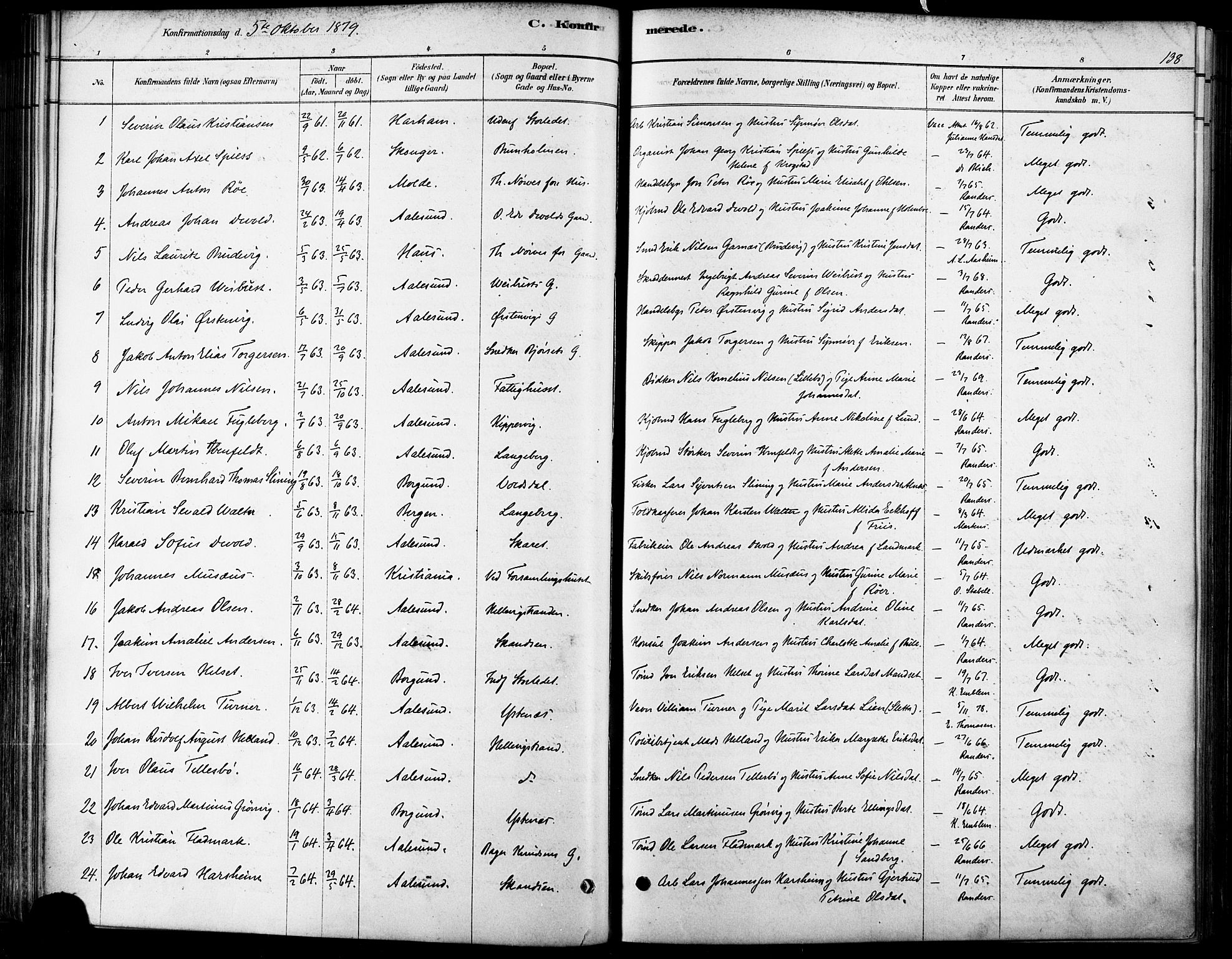 Ministerialprotokoller, klokkerbøker og fødselsregistre - Møre og Romsdal, SAT/A-1454/529/L0454: Parish register (official) no. 529A04, 1878-1885, p. 138