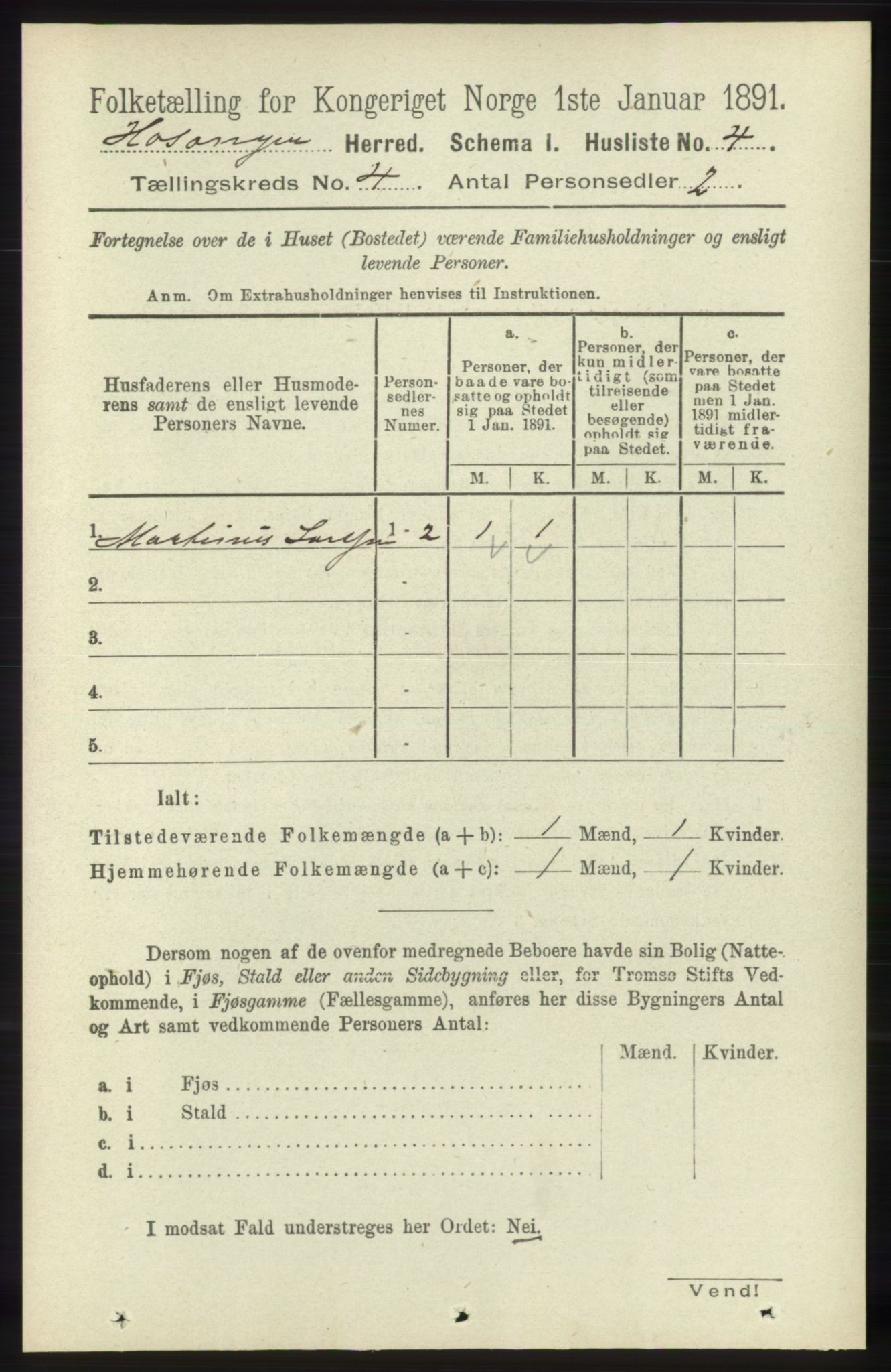RA, 1891 census for 1253 Hosanger, 1891, p. 1392