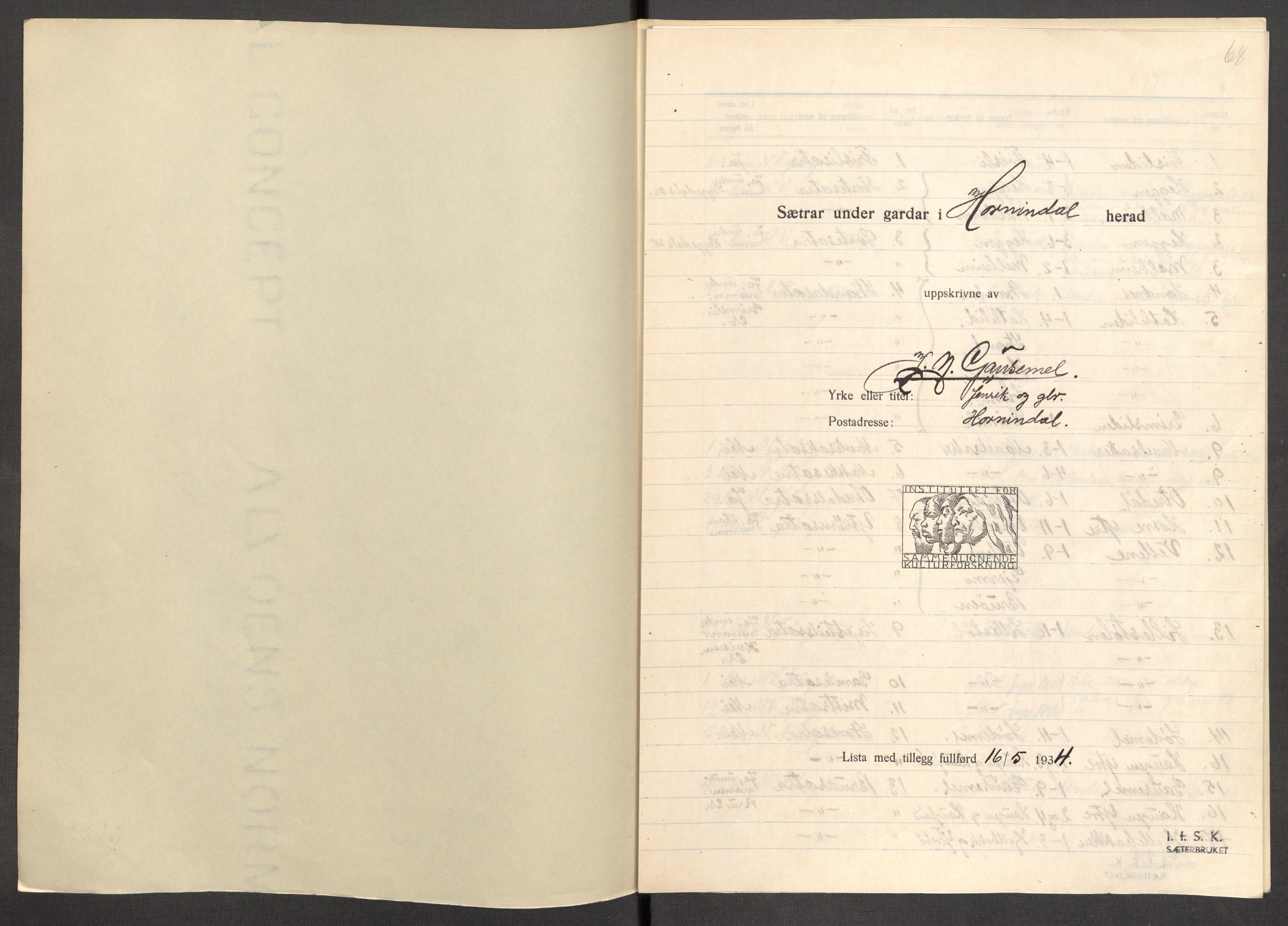 Instituttet for sammenlignende kulturforskning, RA/PA-0424/F/Fc/L0012/0001: Eske B12: / Sogn og Fjordane (perm XXXI), 1933-1937, p. 68