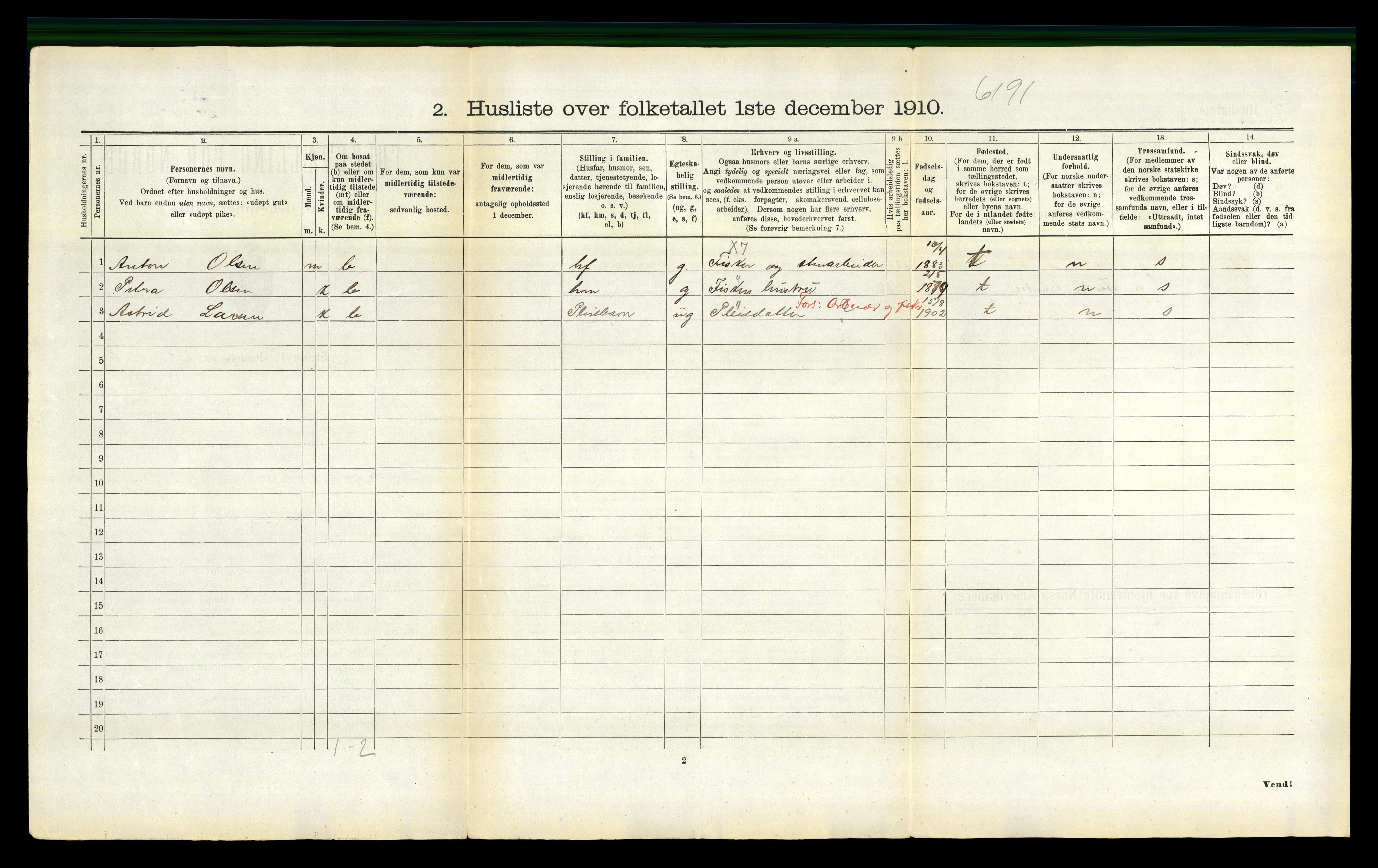 RA, 1910 census for Vågan, 1910, p. 278