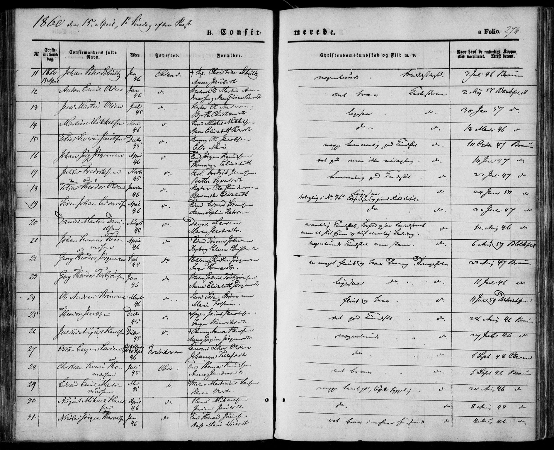 Kristiansand domprosti, SAK/1112-0006/F/Fa/L0014: Parish register (official) no. A 14, 1852-1867, p. 276