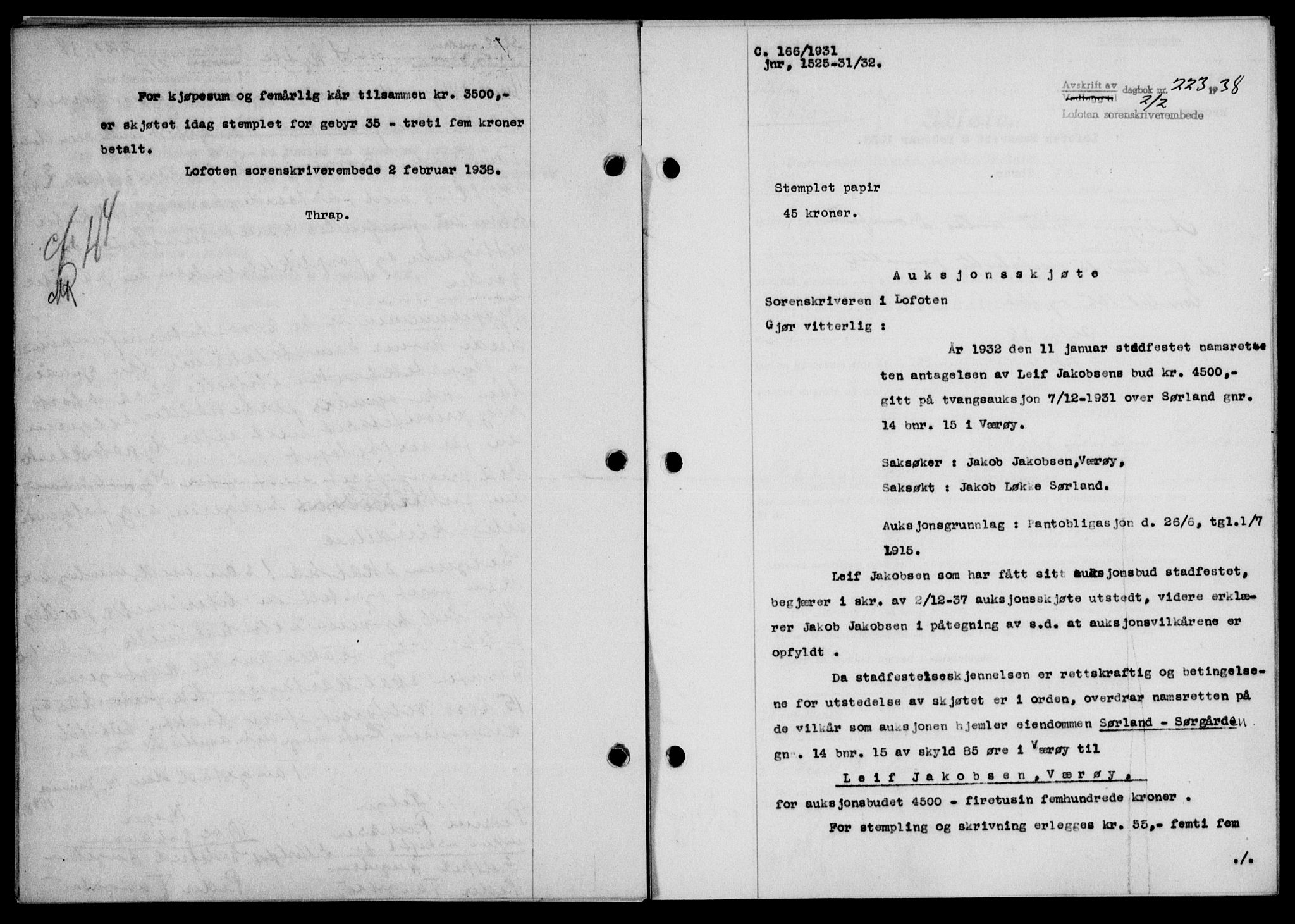 Lofoten sorenskriveri, SAT/A-0017/1/2/2C/L0003a: Mortgage book no. 3a, 1937-1938, Diary no: : 223/1938
