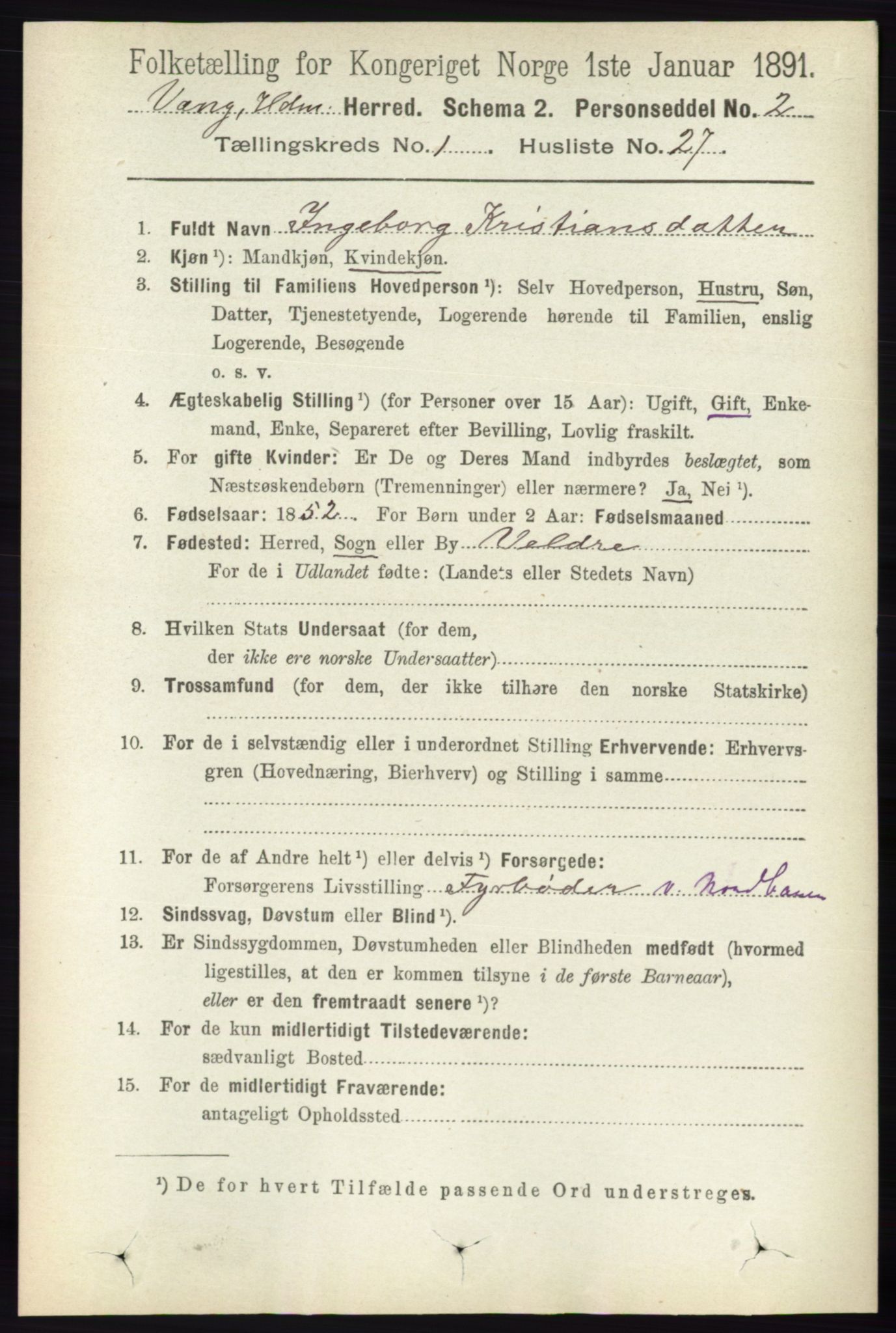 RA, 1891 census for 0414 Vang, 1891, p. 338