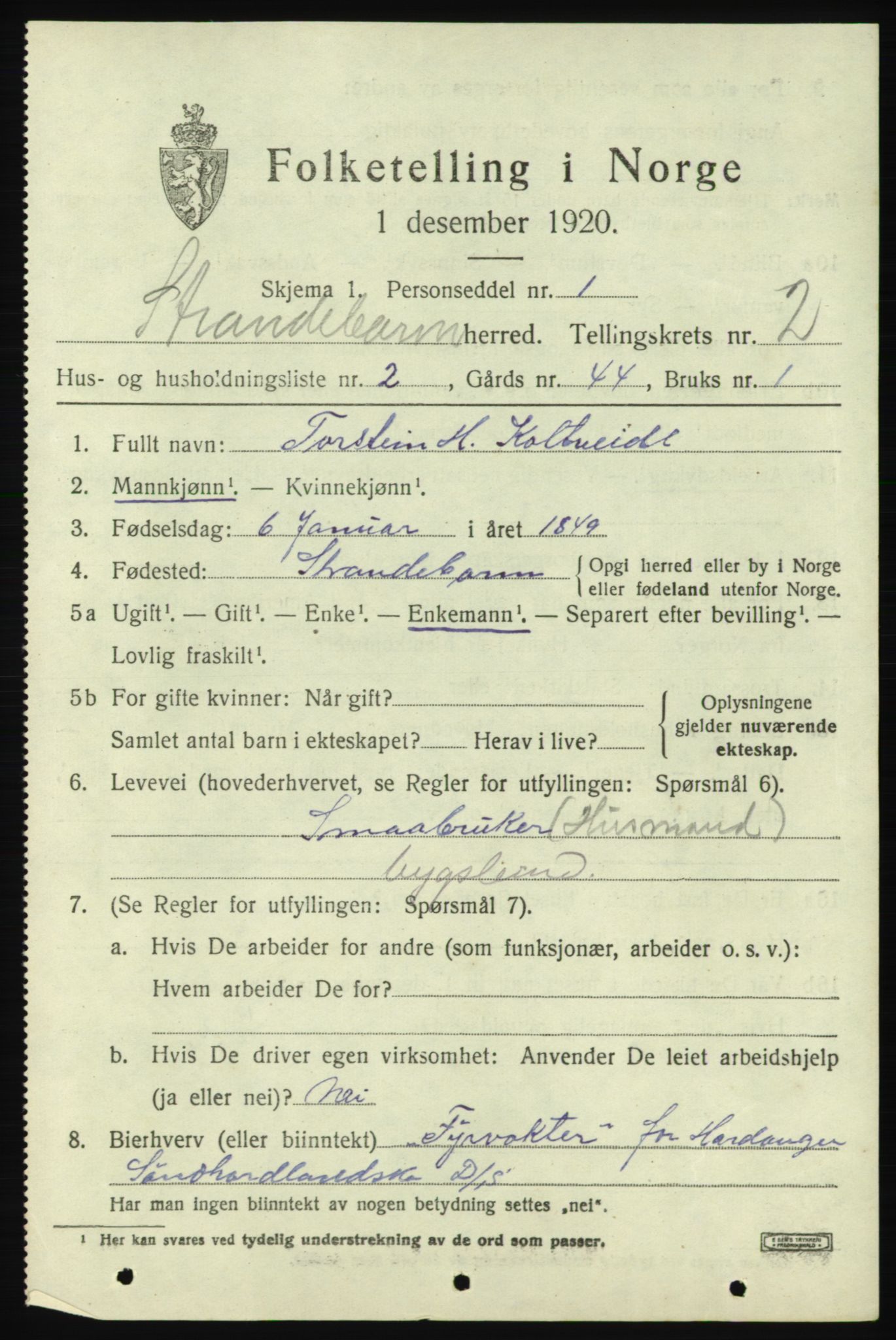 SAB, 1920 census for Strandebarm, 1920, p. 1876