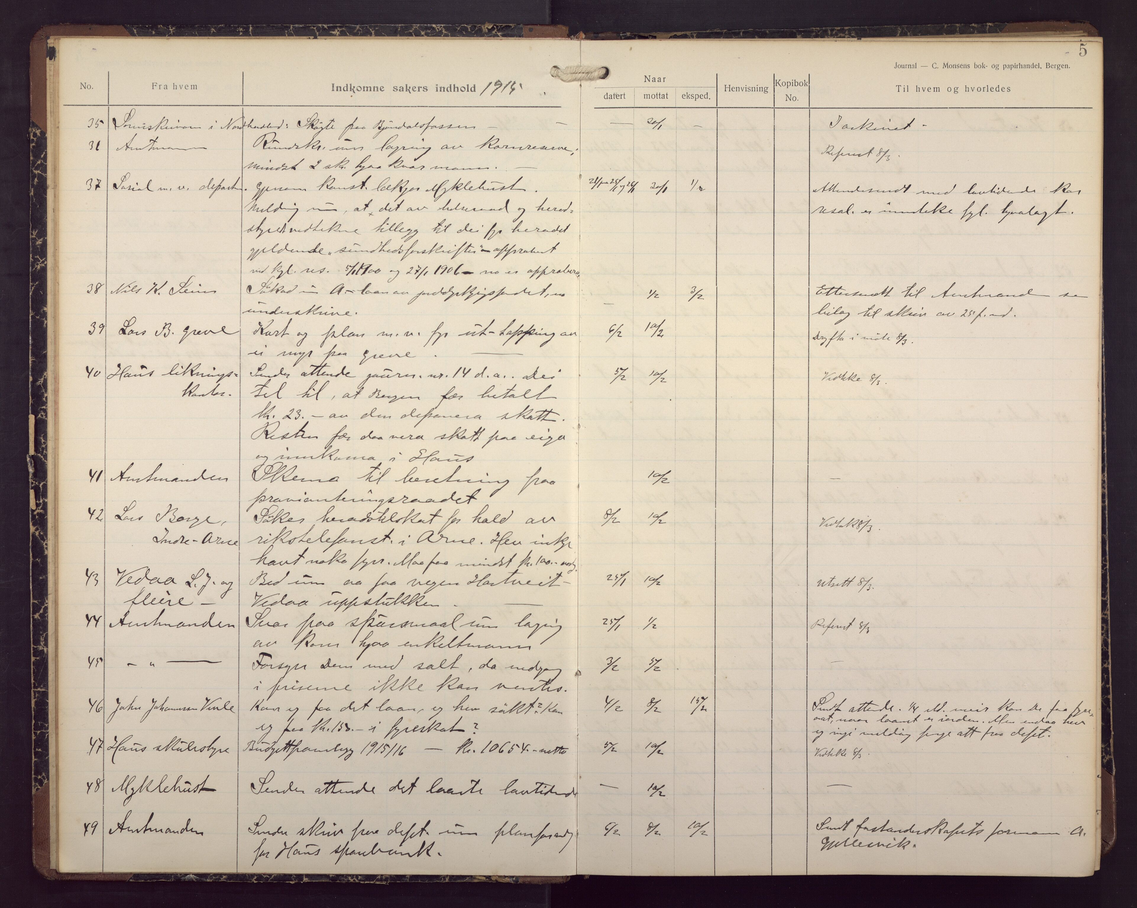 Haus/Arna kommune. Formannskapet, BBA/A-0057/C/Ca/L0004: Journal, 1915-1919