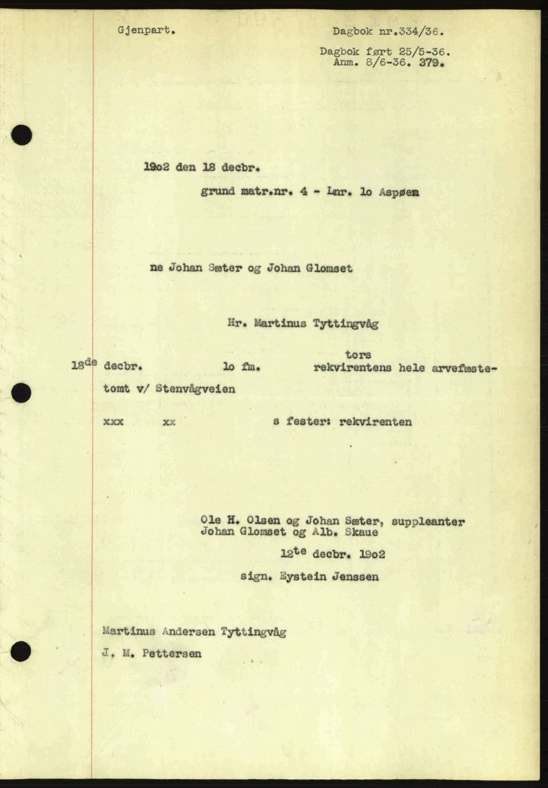 Ålesund byfogd, AV/SAT-A-4384: Mortgage book no. 34 I, 1936-1938, Diary no: : 334/1936