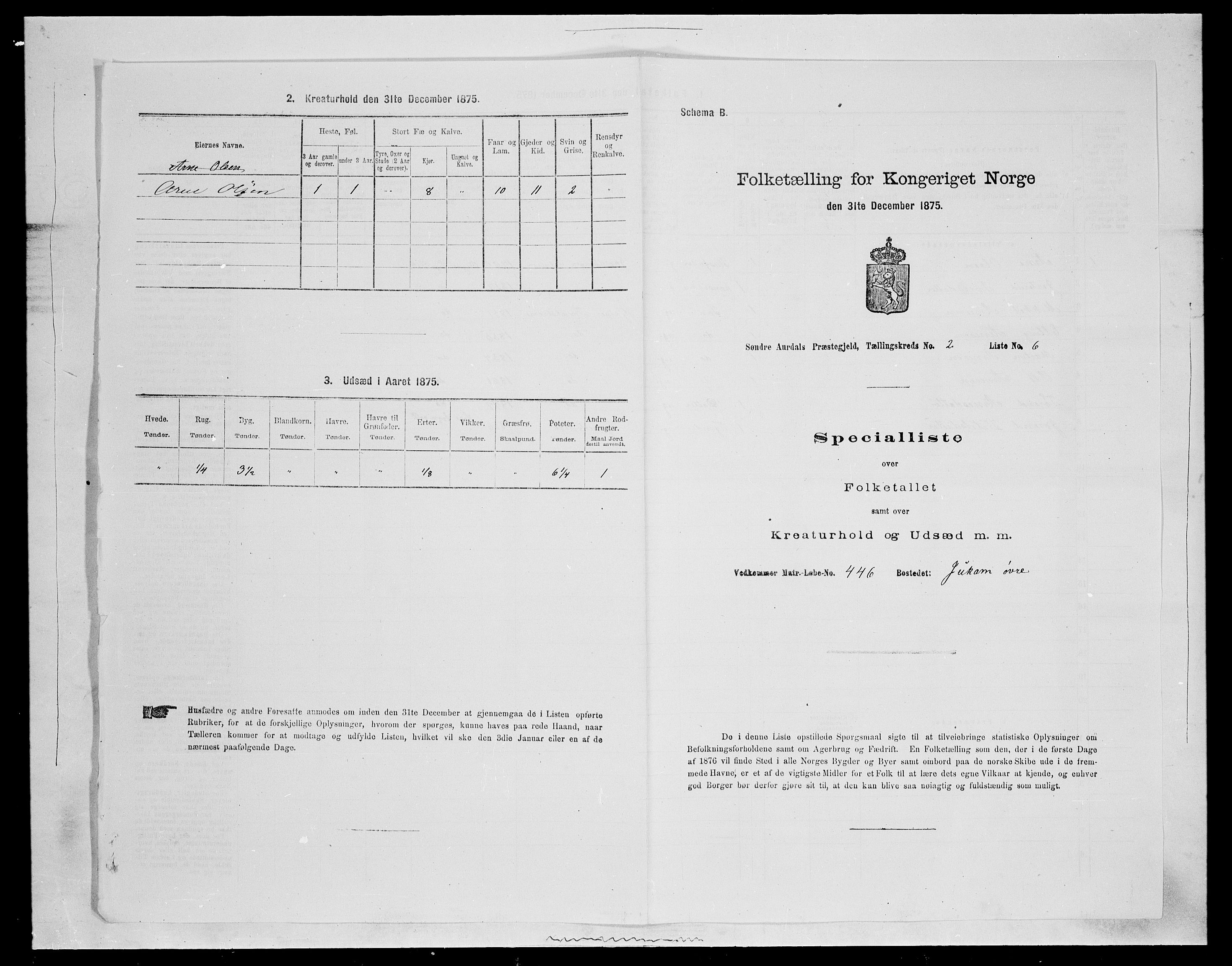 SAH, 1875 census for 0540P Sør-Aurdal, 1875, p. 423