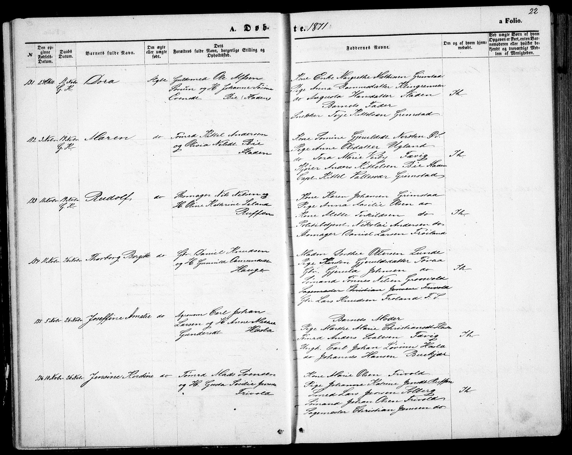 Fjære sokneprestkontor, AV/SAK-1111-0011/F/Fb/L0010: Parish register (copy) no. B 10, 1871-1880, p. 22