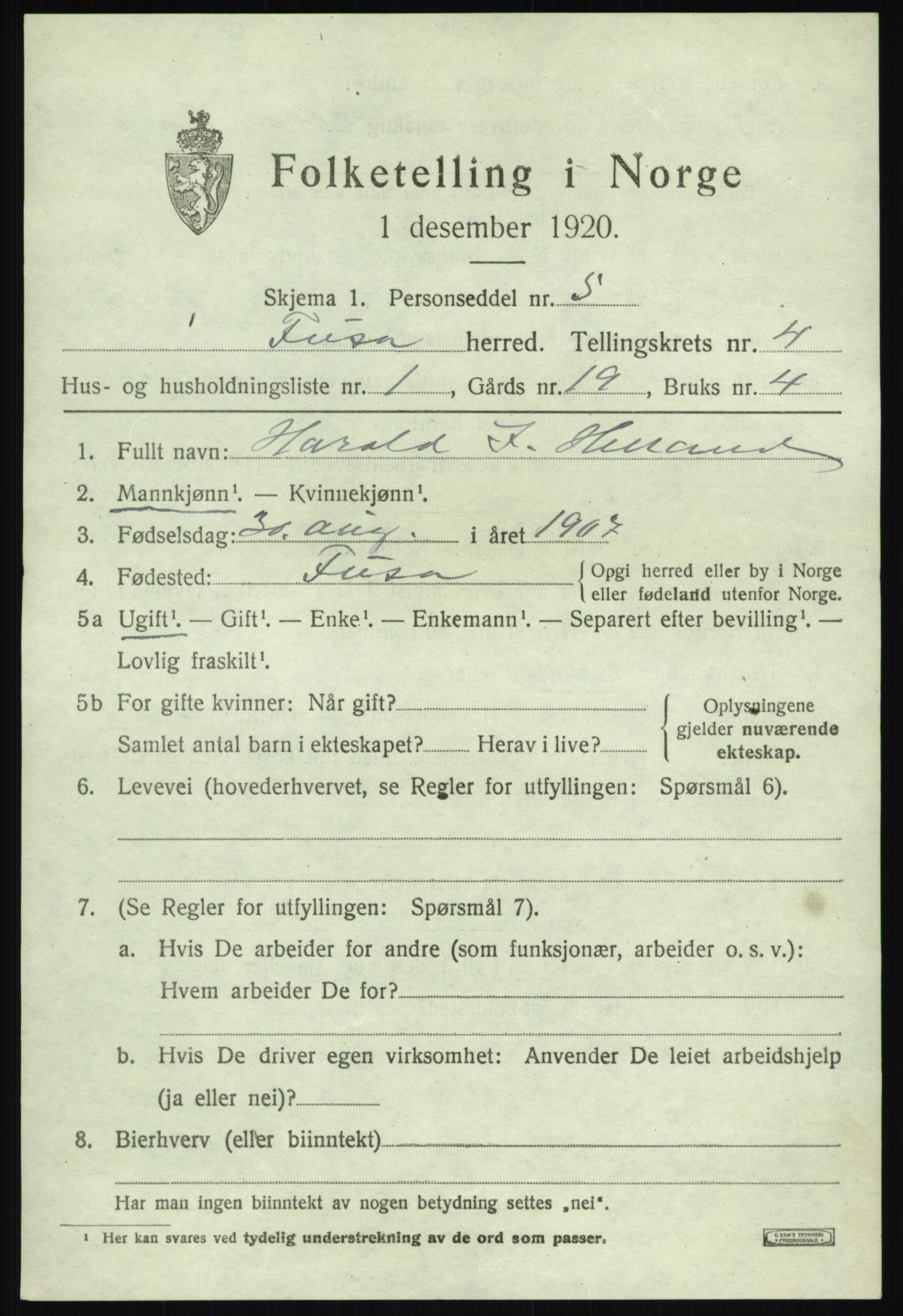 SAB, 1920 census for Fusa, 1920, p. 1557