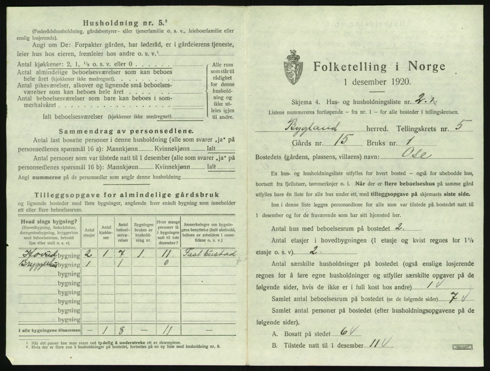 SAK, 1920 census for Bygland, 1920, p. 229