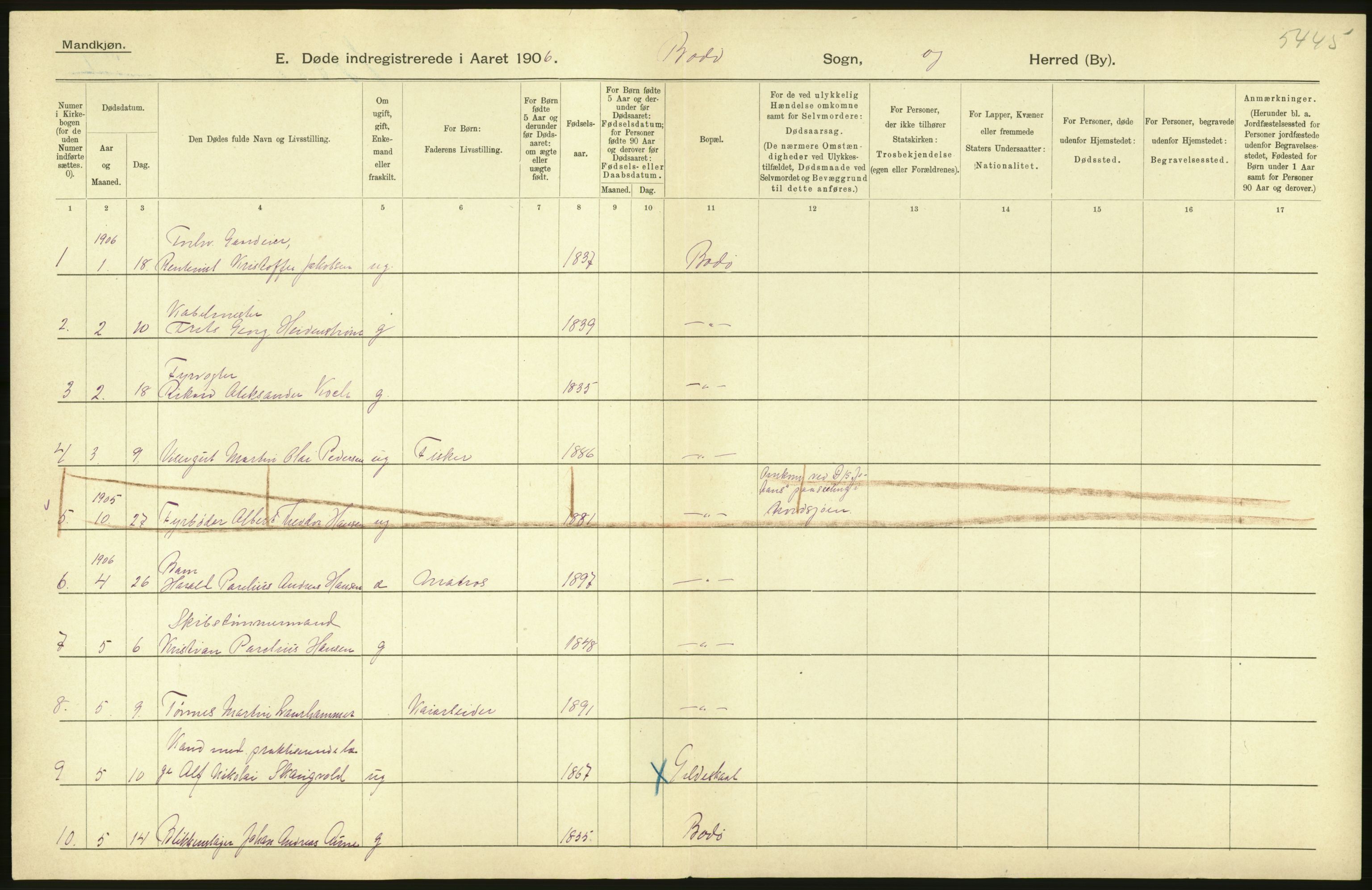 Statistisk sentralbyrå, Sosiodemografiske emner, Befolkning, AV/RA-S-2228/D/Df/Dfa/Dfad/L0045: Nordlands amt: Døde. Bygder og byer., 1906, p. 4