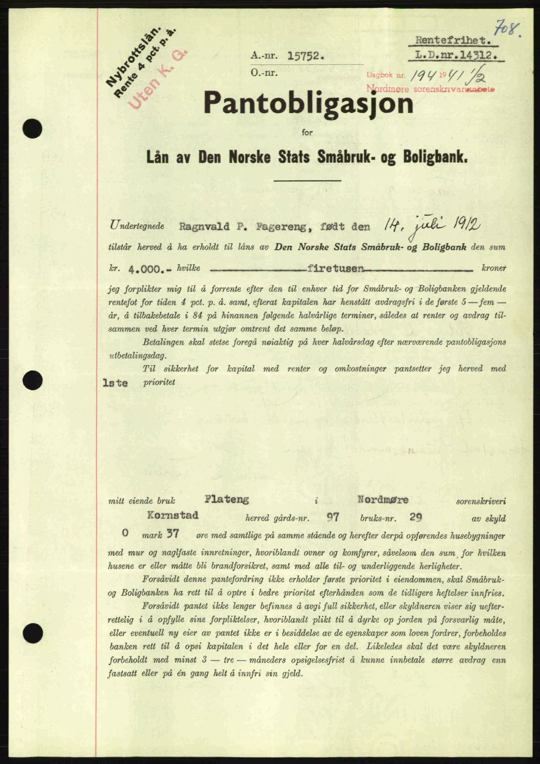 Nordmøre sorenskriveri, AV/SAT-A-4132/1/2/2Ca: Mortgage book no. B87, 1940-1941, Diary no: : 194/1941