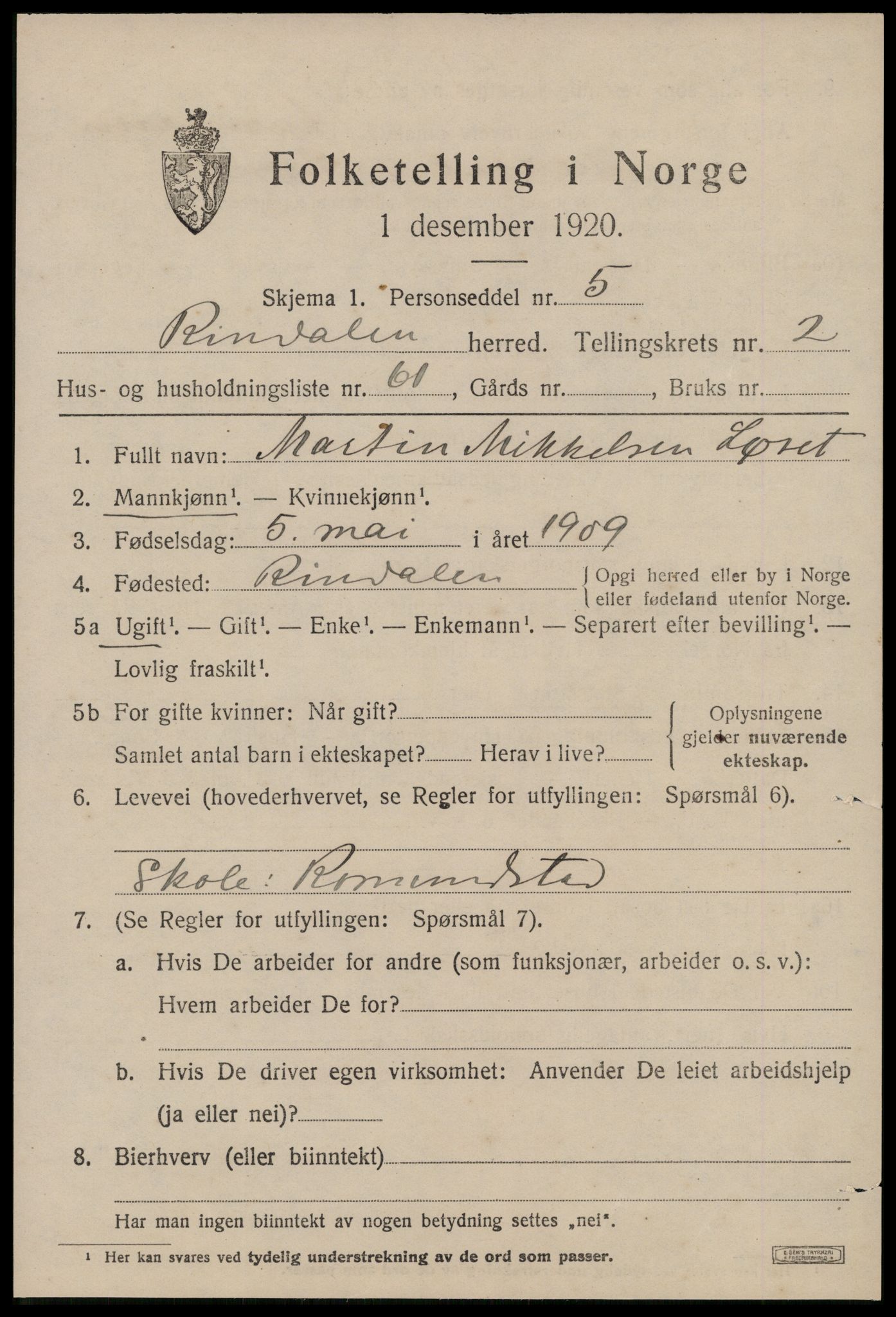 SAT, 1920 census for Rindal, 1920, p. 1600
