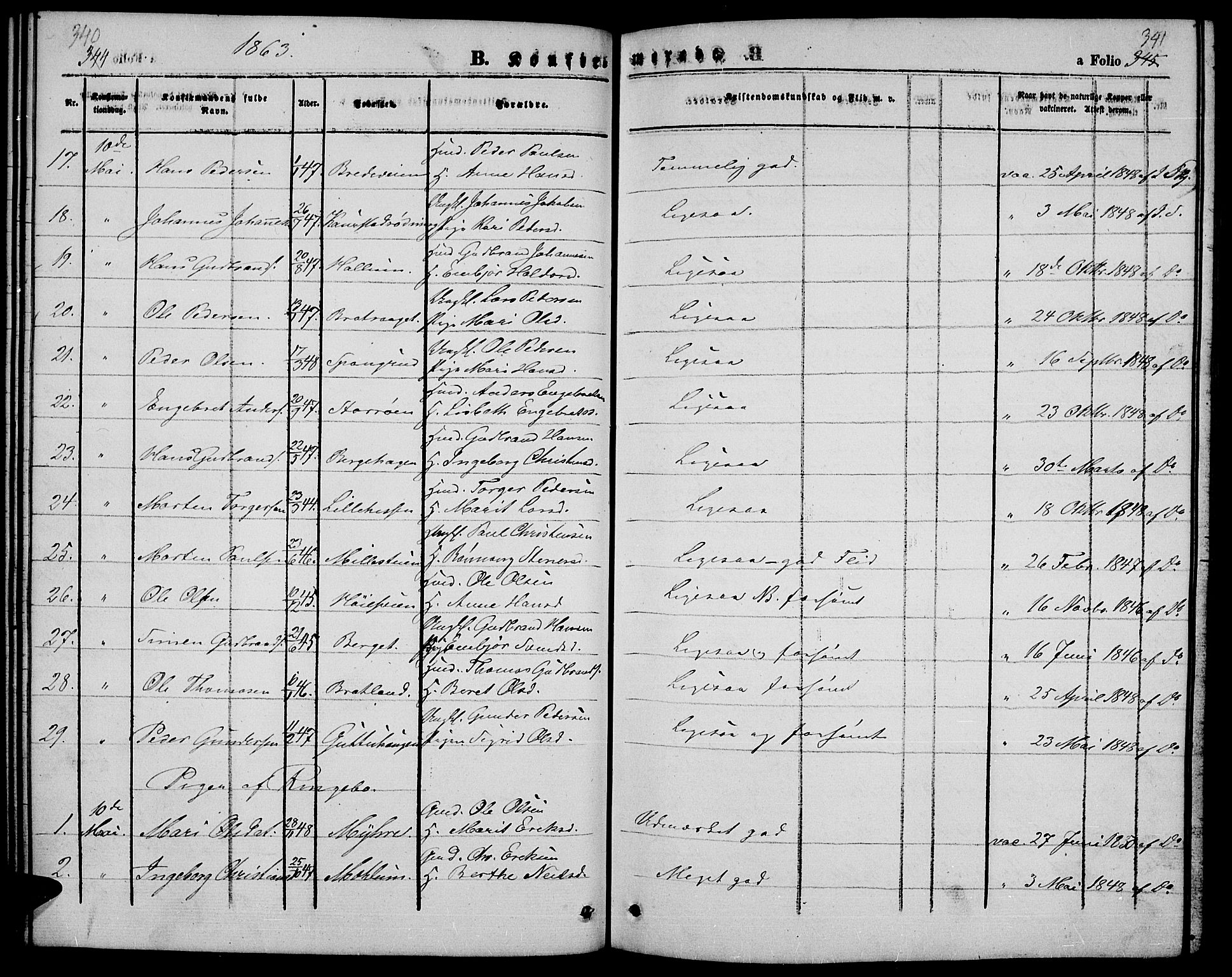 Ringebu prestekontor, SAH/PREST-082/H/Ha/Hab/L0003: Parish register (copy) no. 3, 1854-1866, p. 340-341
