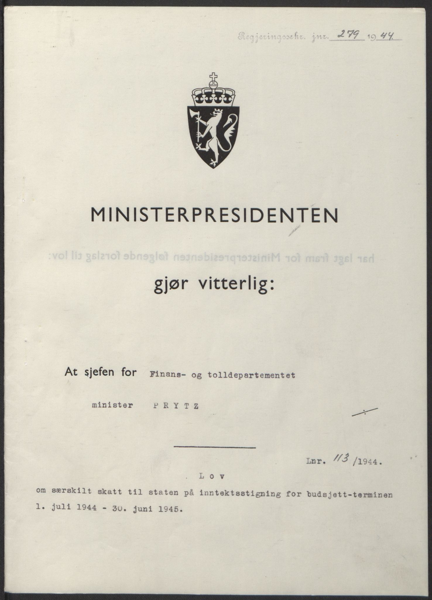 NS-administrasjonen 1940-1945 (Statsrådsekretariatet, de kommisariske statsråder mm), RA/S-4279/D/Db/L0100: Lover, 1944, p. 534