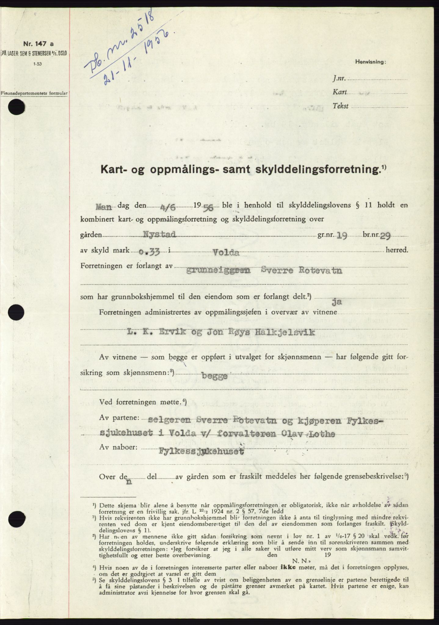 Søre Sunnmøre sorenskriveri, AV/SAT-A-4122/1/2/2C/L0105: Mortgage book no. 31A, 1956-1957, Diary no: : 2518/1956