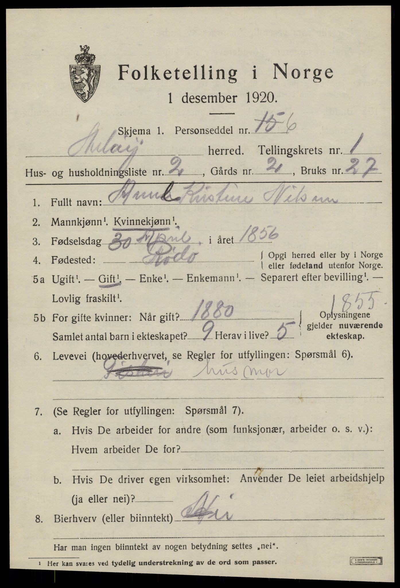 SAT, 1920 census for Meløy, 1920, p. 1485