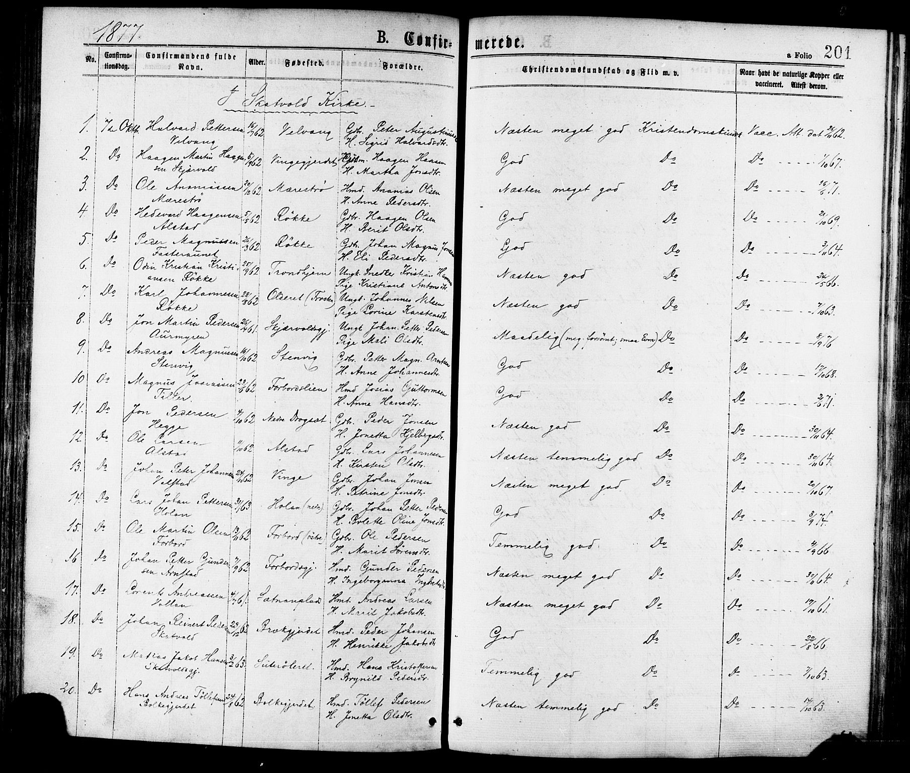 Ministerialprotokoller, klokkerbøker og fødselsregistre - Nord-Trøndelag, AV/SAT-A-1458/709/L0076: Parish register (official) no. 709A16, 1871-1879, p. 201