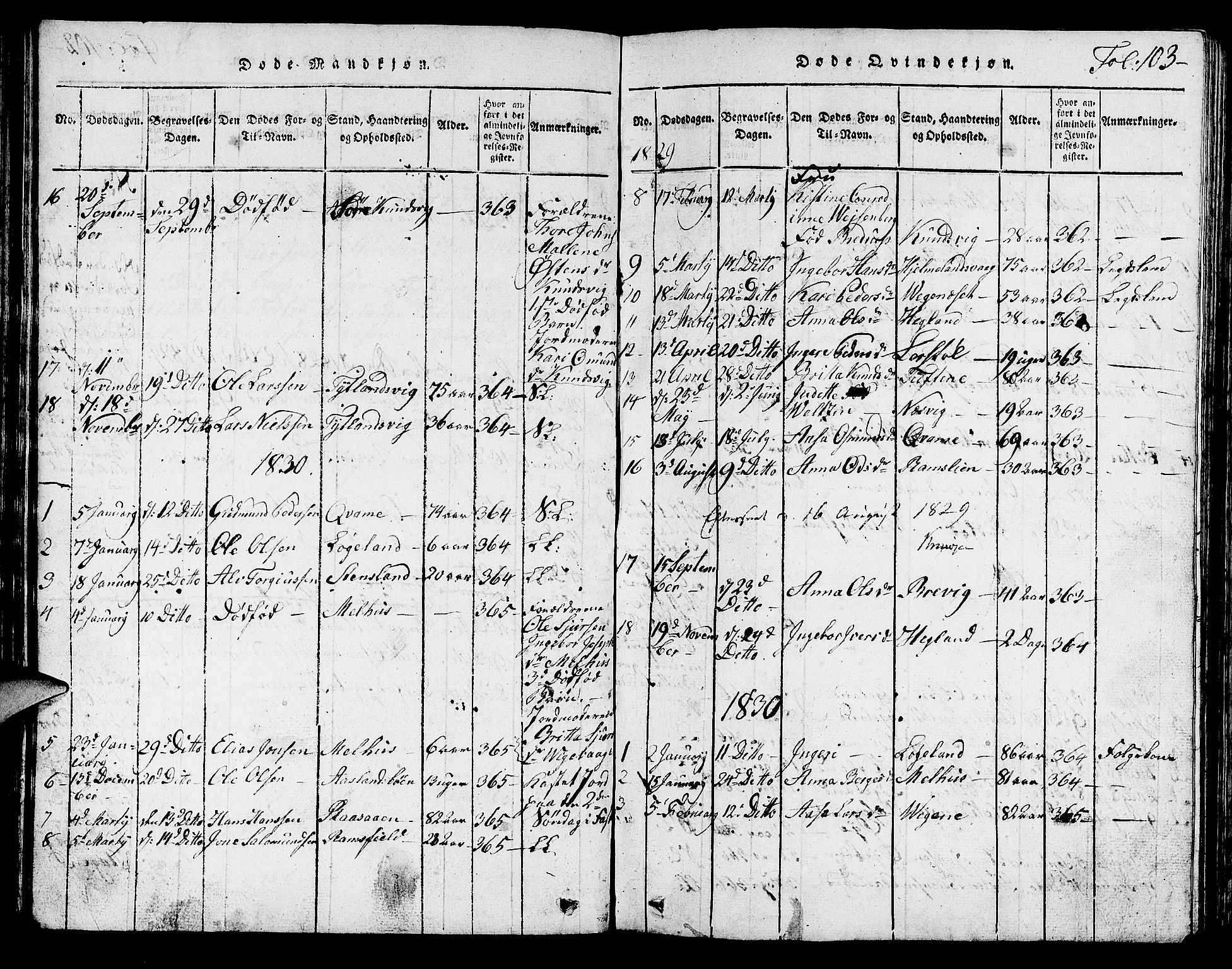 Hjelmeland sokneprestkontor, SAST/A-101843/01/V/L0001: Parish register (copy) no. B 1, 1816-1841, p. 103