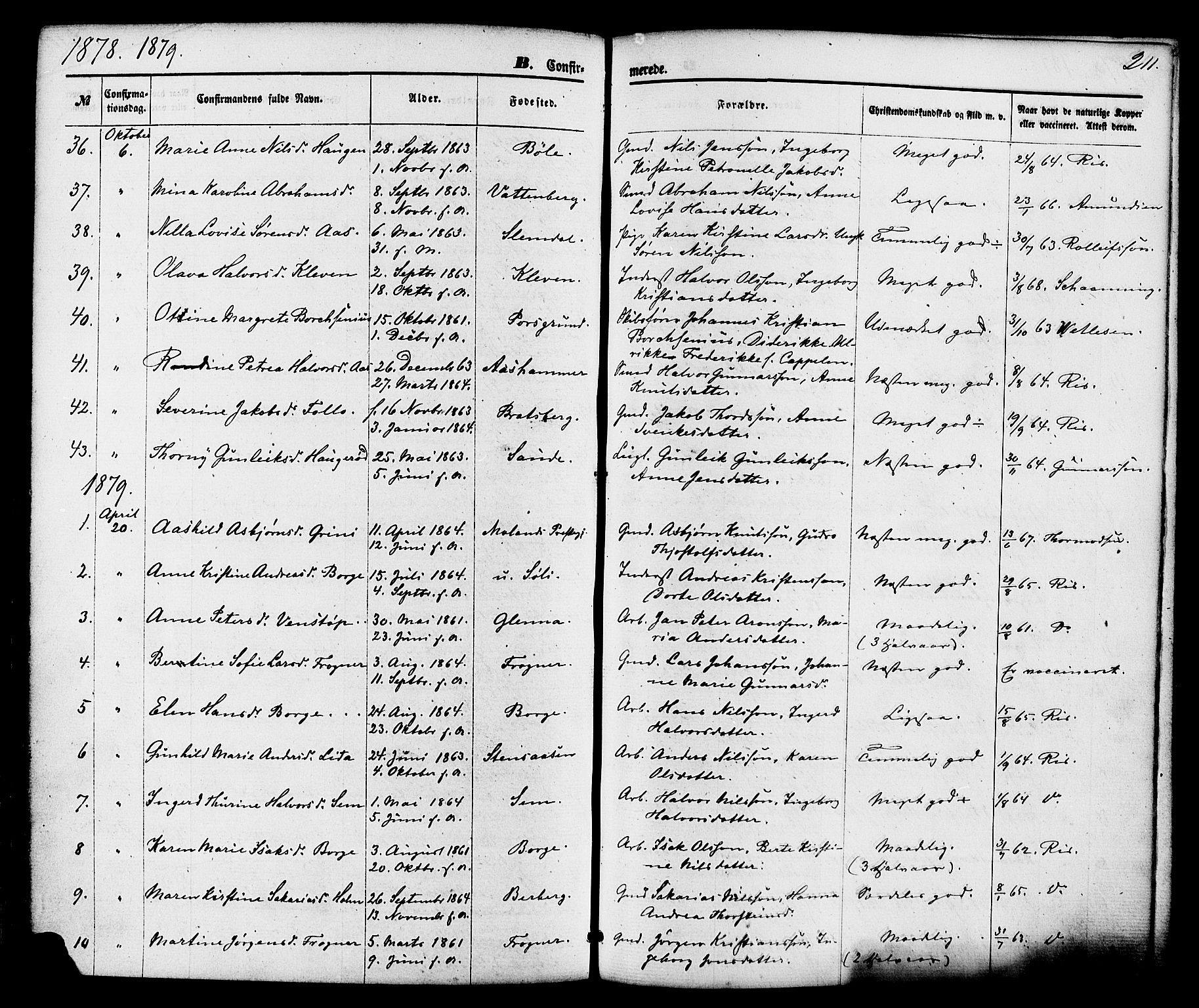 Gjerpen kirkebøker, SAKO/A-265/F/Fa/L0009: Parish register (official) no. I 9, 1872-1885, p. 211