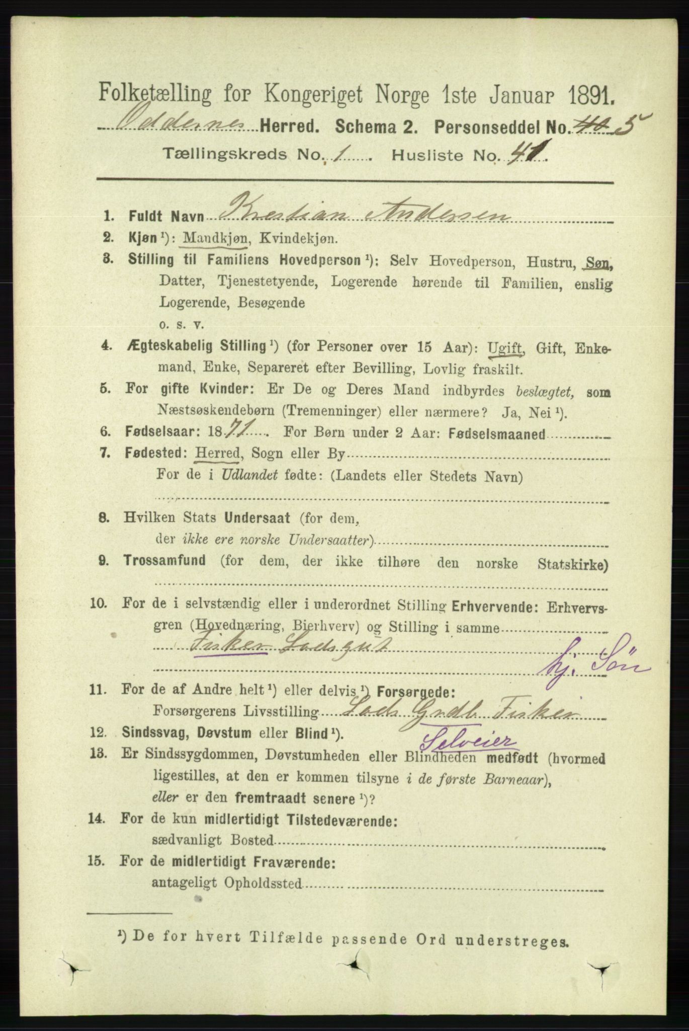 RA, 1891 census for 1012 Oddernes, 1891, p. 337