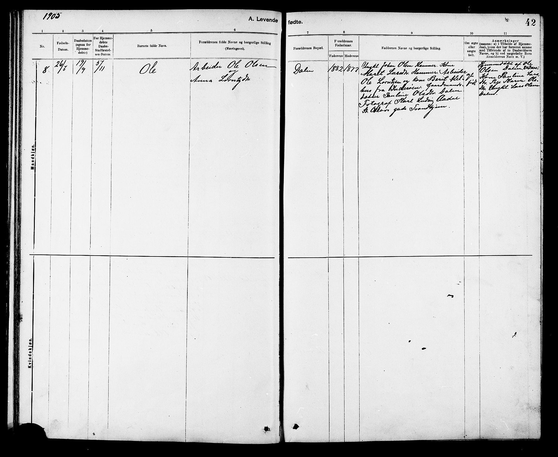 Ministerialprotokoller, klokkerbøker og fødselsregistre - Sør-Trøndelag, SAT/A-1456/608/L0341: Parish register (copy) no. 608C07, 1890-1912, p. 42
