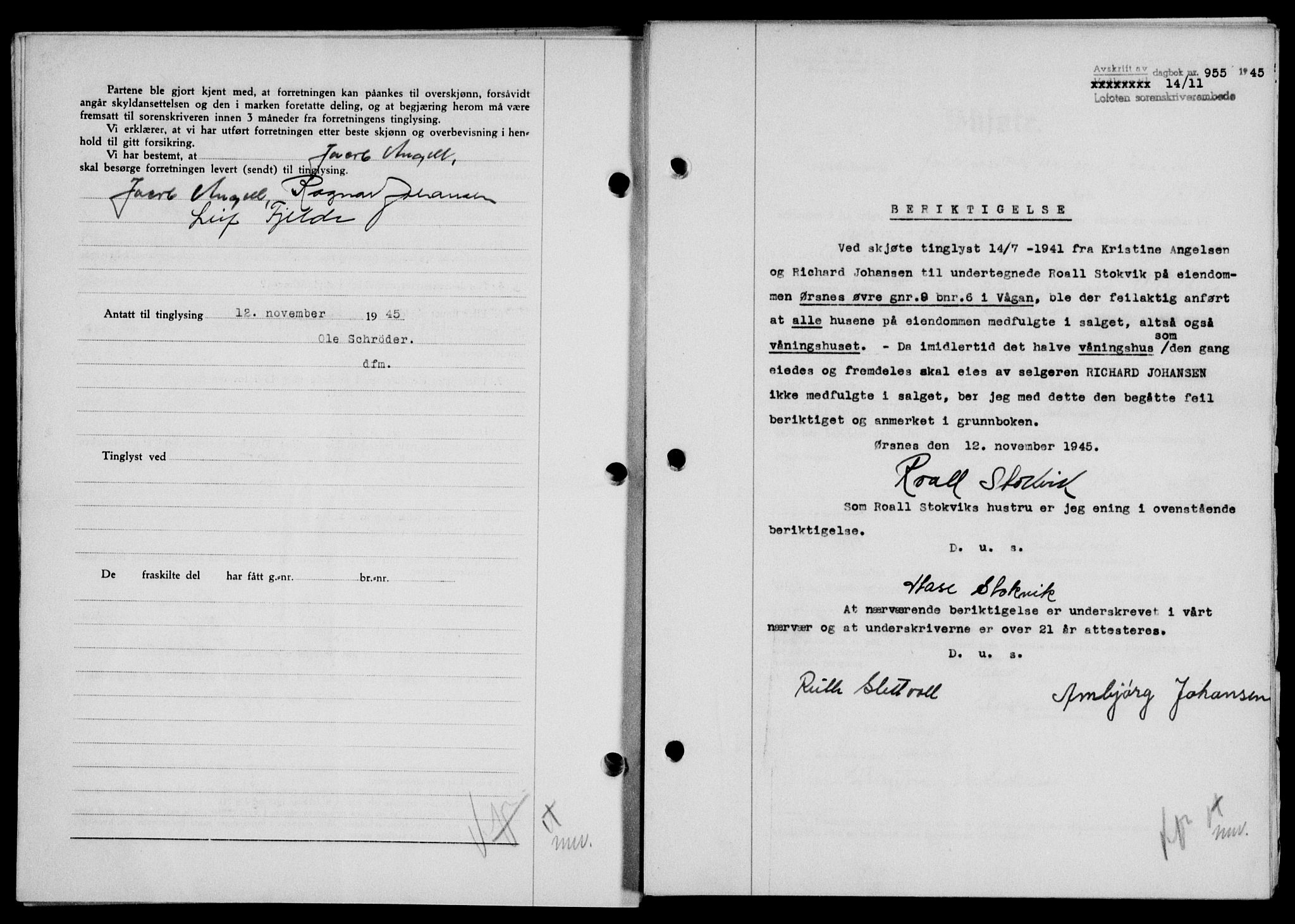 Lofoten sorenskriveri, SAT/A-0017/1/2/2C/L0013a: Mortgage book no. 13a, 1944-1946, Diary no: : 955/1945