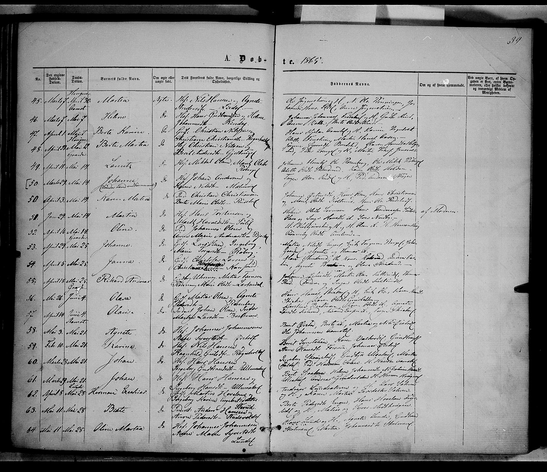 Nordre Land prestekontor, SAH/PREST-124/H/Ha/Haa/L0001: Parish register (official) no. 1, 1860-1871, p. 39