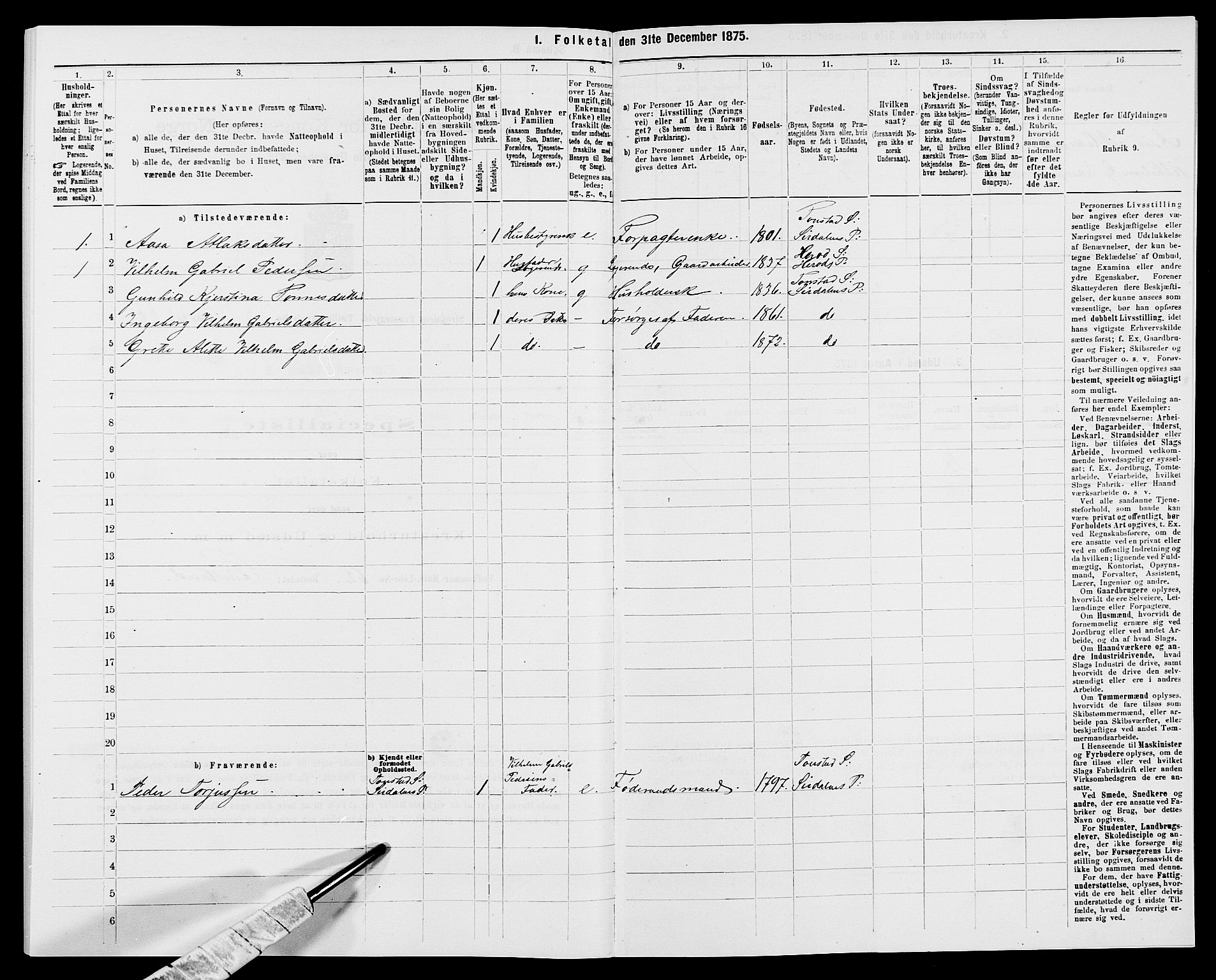 SAK, 1875 census for 1046P Sirdal, 1875, p. 331