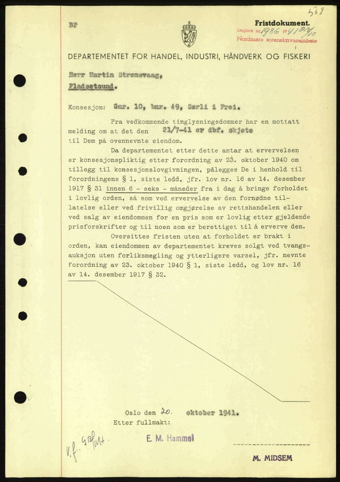 Nordmøre sorenskriveri, AV/SAT-A-4132/1/2/2Ca: Mortgage book no. B88, 1941-1942, Diary no: : 1986/1941