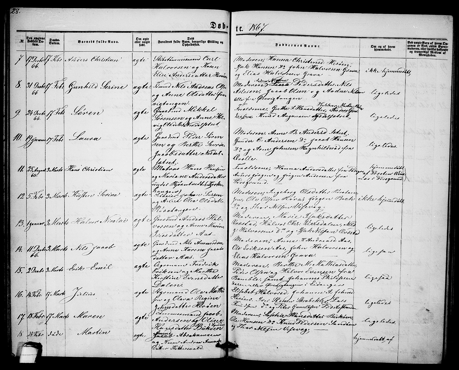 Eidanger kirkebøker, AV/SAKO-A-261/G/Ga/L0001: Parish register (copy) no. 1, 1863-1878, p. 28