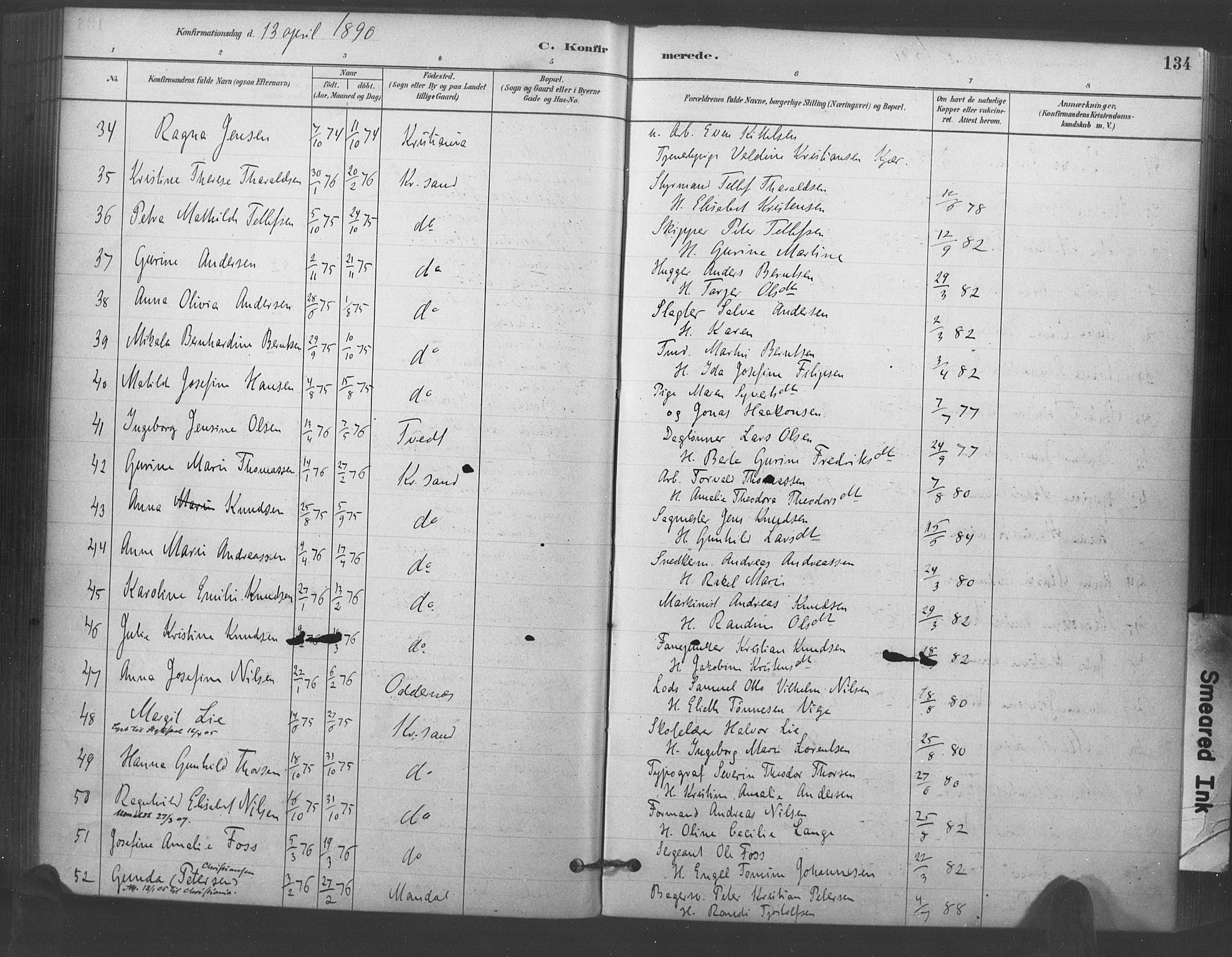 Kristiansand domprosti, AV/SAK-1112-0006/F/Fa/L0018: Parish register (official) no. A 17, 1880-1892, p. 134