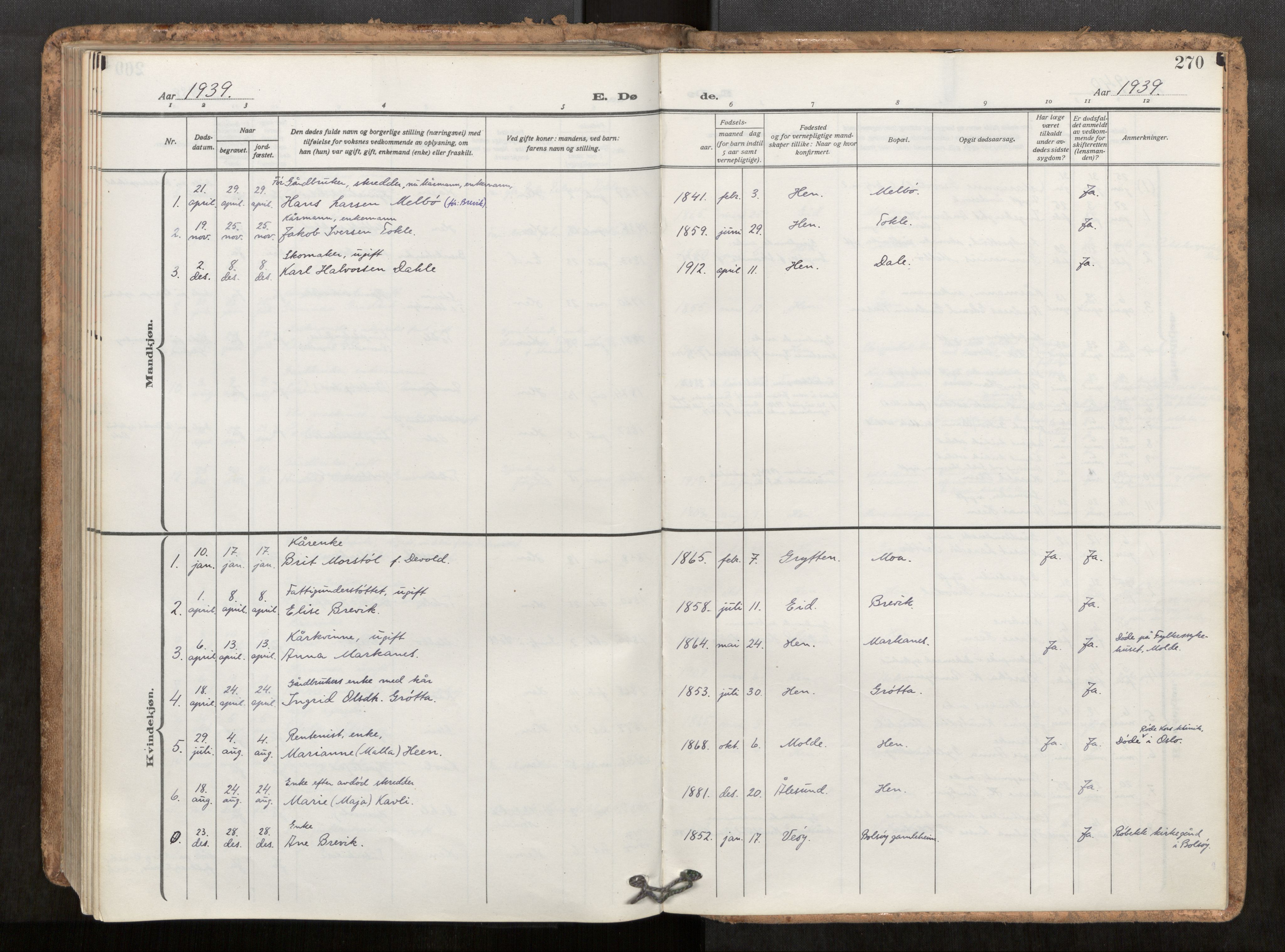 Ministerialprotokoller, klokkerbøker og fødselsregistre - Møre og Romsdal, SAT/A-1454/545/L0596: Parish register (official) no. 545A04, 1921-1956, p. 270