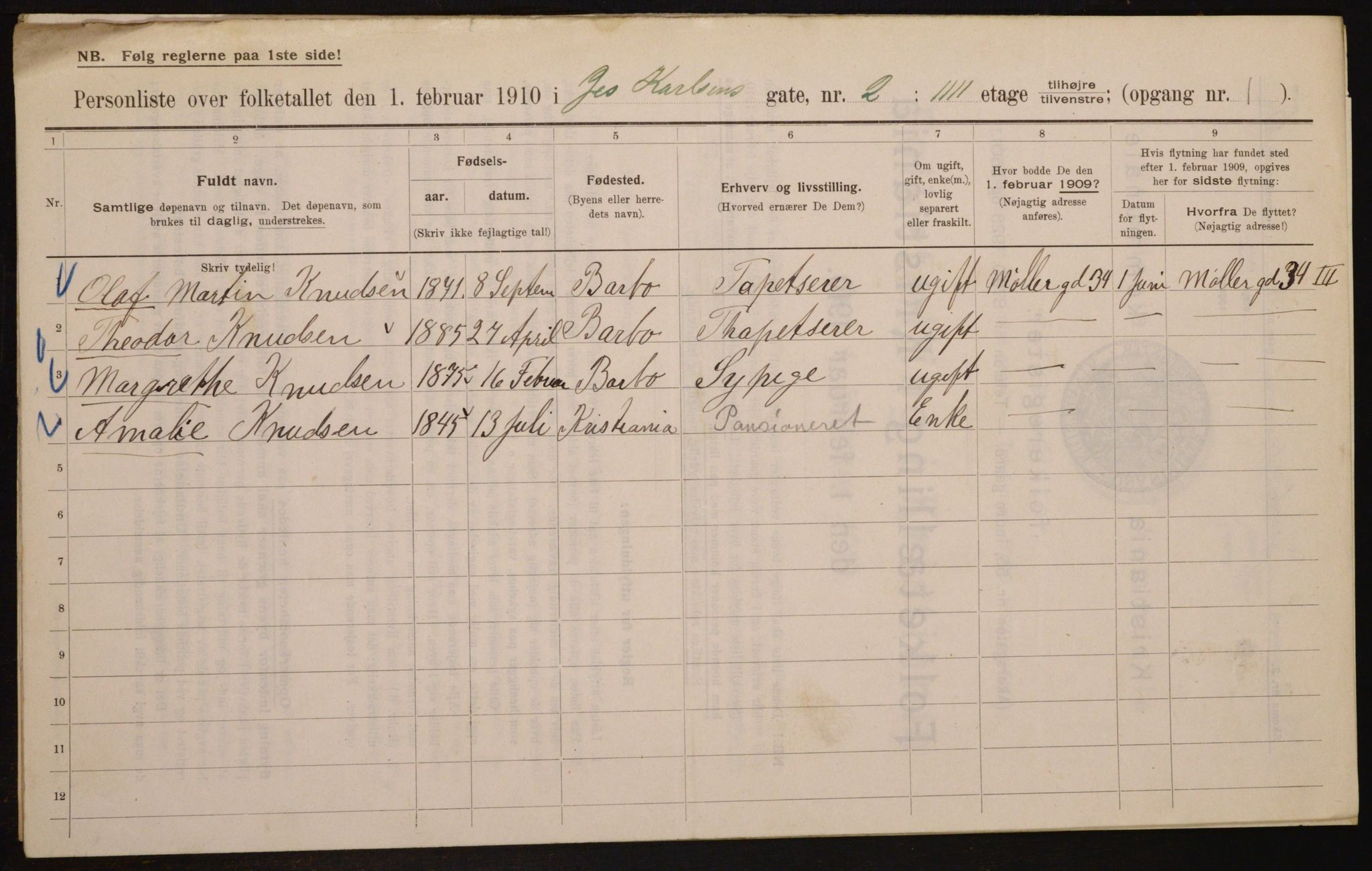 OBA, Municipal Census 1910 for Kristiania, 1910, p. 45666