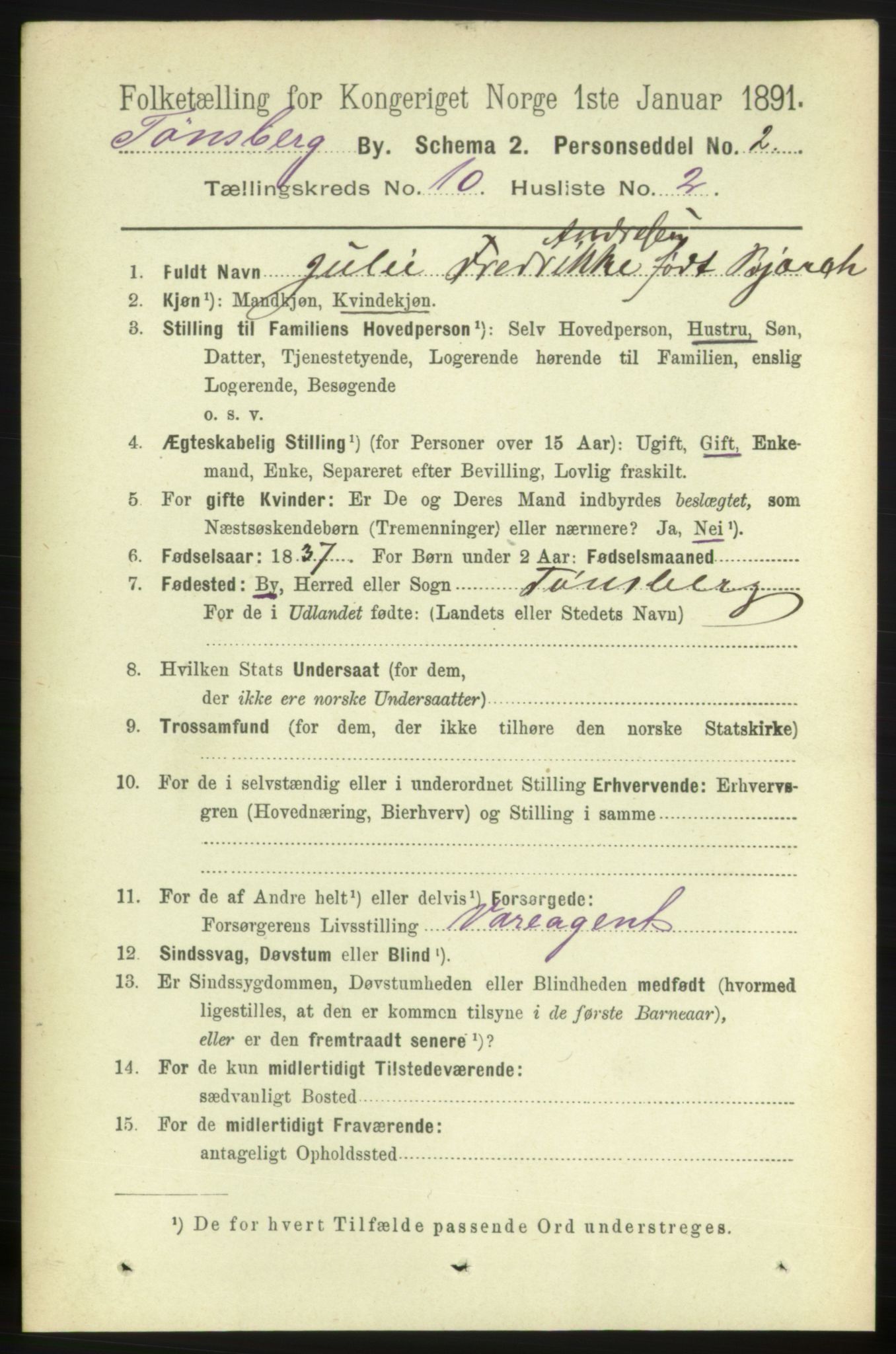 RA, 1891 census for 0705 Tønsberg, 1891, p. 3610