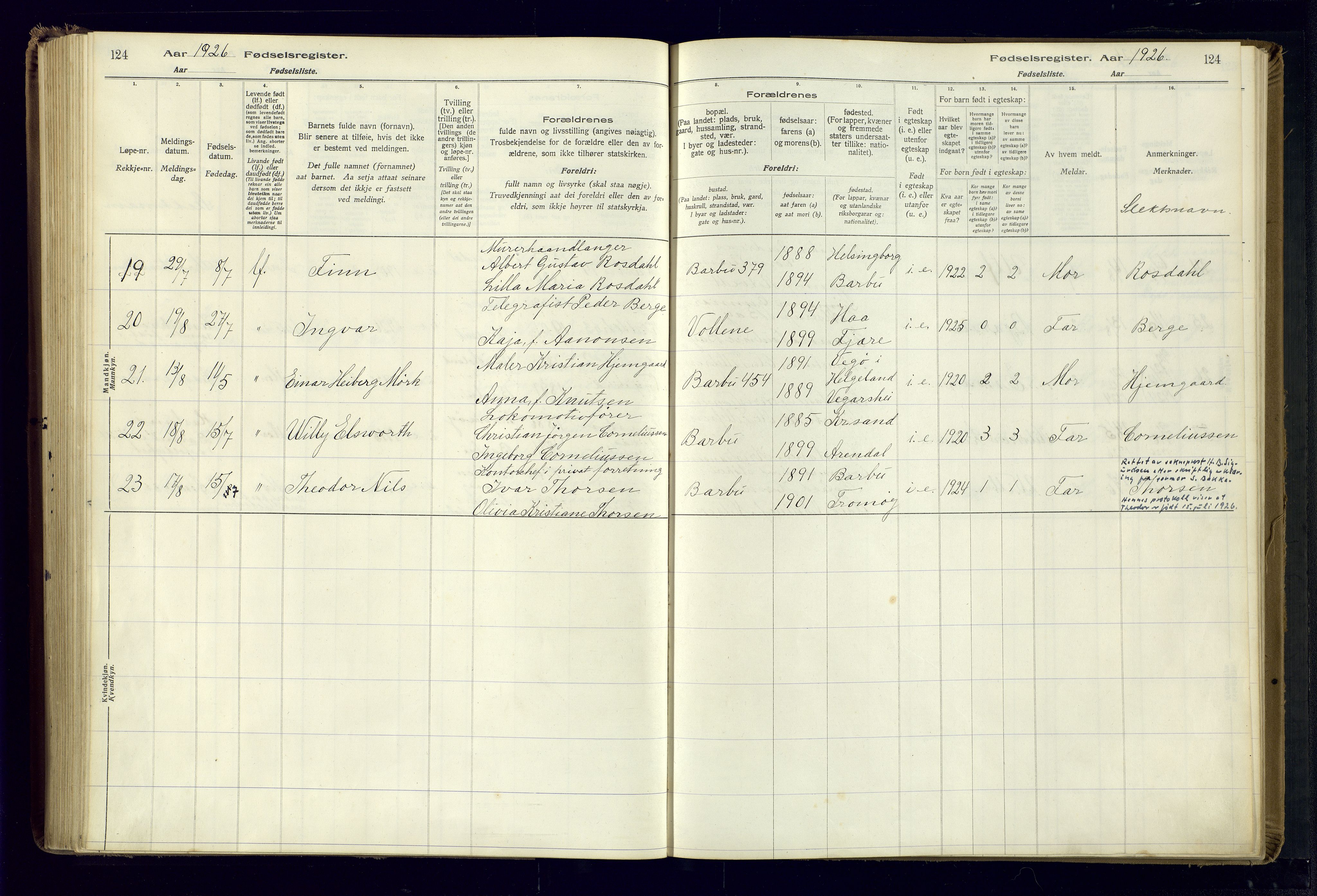 Barbu sokneprestkontor, SAK/1111-0003/J/Ja/L0001: Birth register no. A-VIII-1, 1916-1937, p. 124