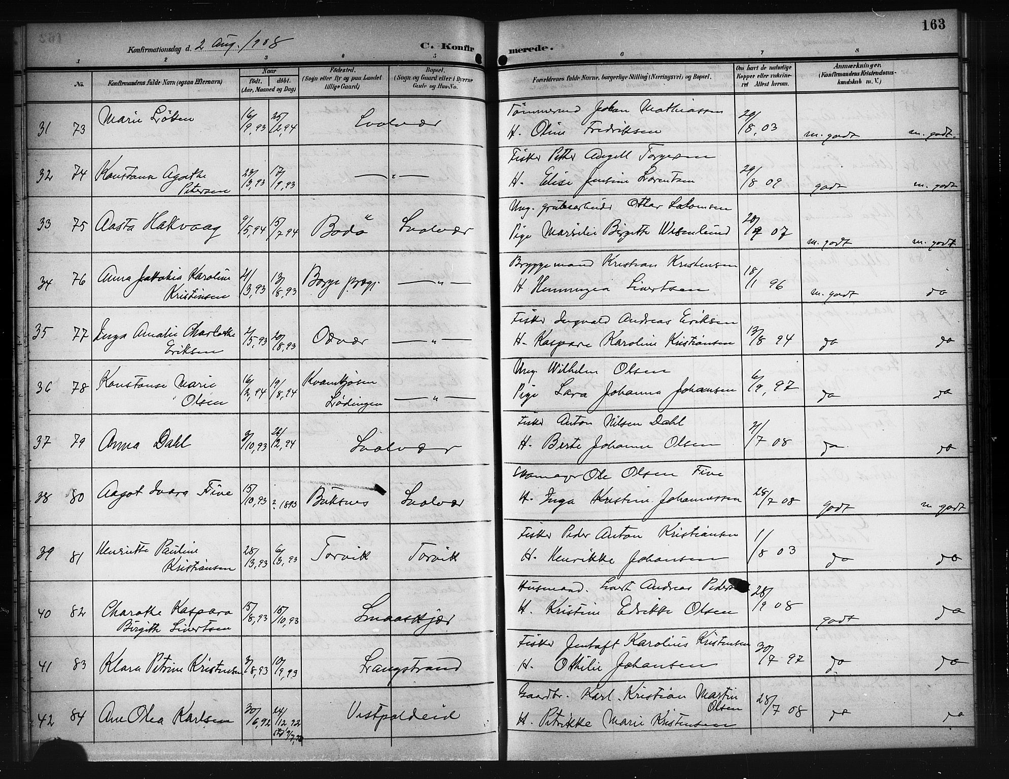 Ministerialprotokoller, klokkerbøker og fødselsregistre - Nordland, AV/SAT-A-1459/874/L1079: Parish register (copy) no. 874C08, 1907-1915, p. 163