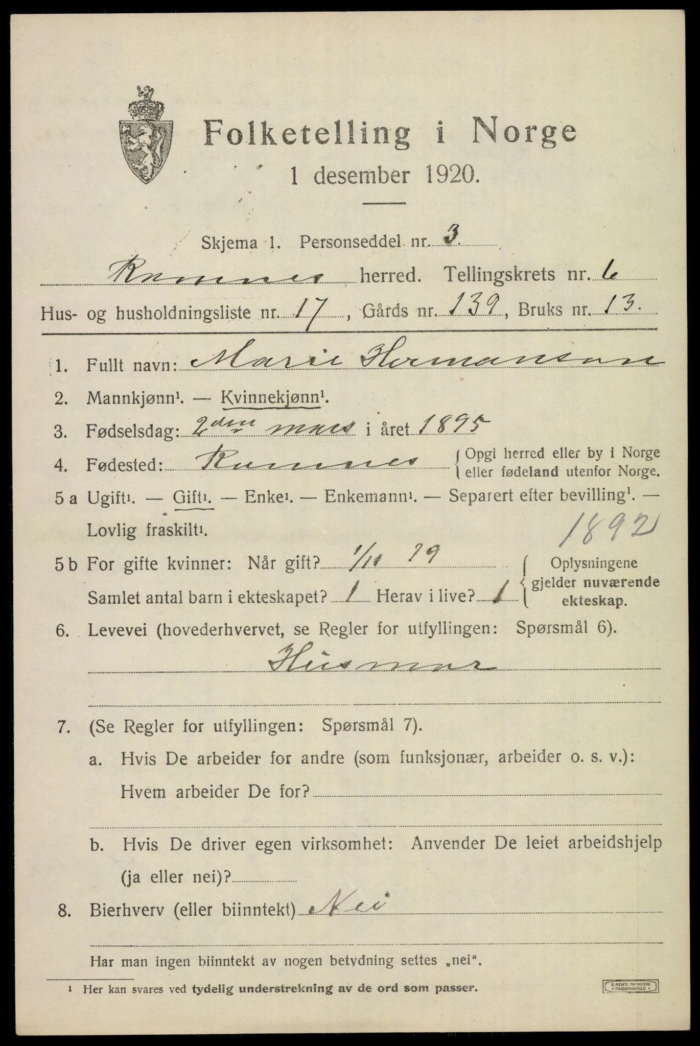 SAKO, 1920 census for Ramnes, 1920, p. 6350