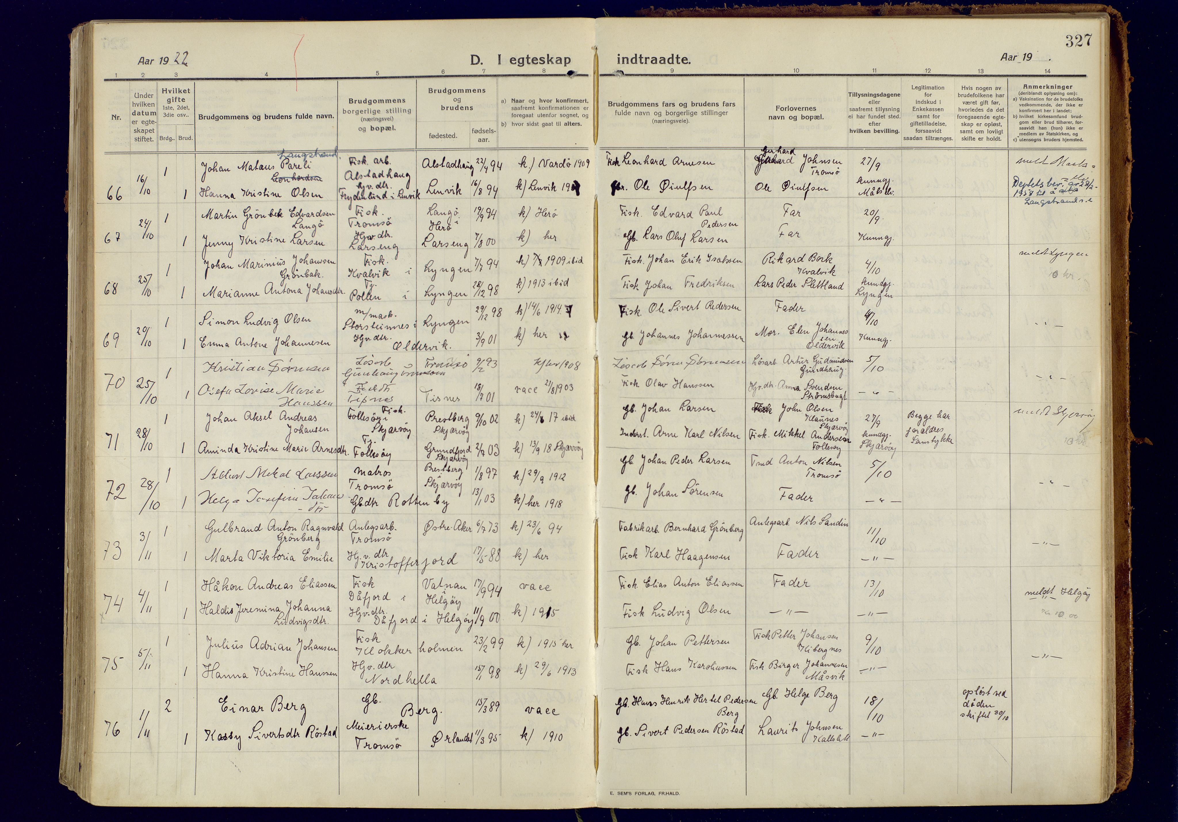 Tromsøysund sokneprestkontor, AV/SATØ-S-1304/G/Ga/L0008kirke: Parish register (official) no. 8, 1914-1922, p. 327