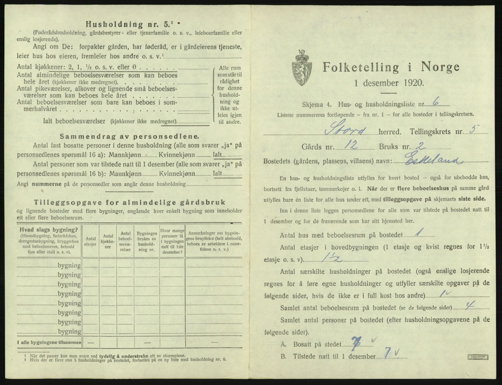 SAB, 1920 census for Stord, 1920, p. 187