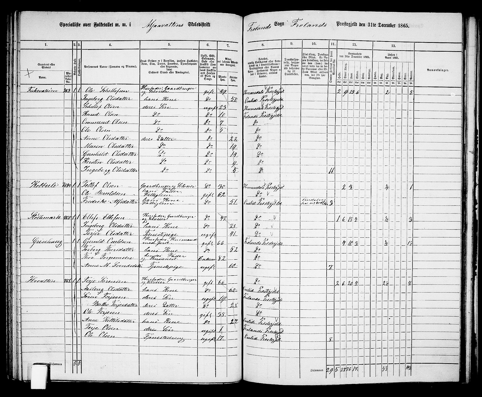 RA, 1865 census for Froland, 1865, p. 64