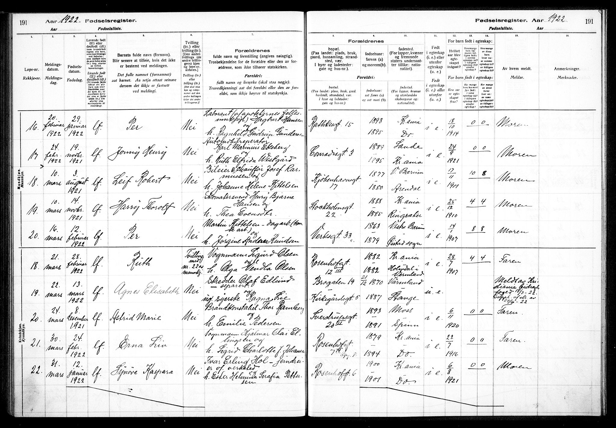 Petrus prestekontor Kirkebøker, AV/SAO-A-10872/J/Ja/L0001: Birth register no. 1, 1916-1922, p. 191