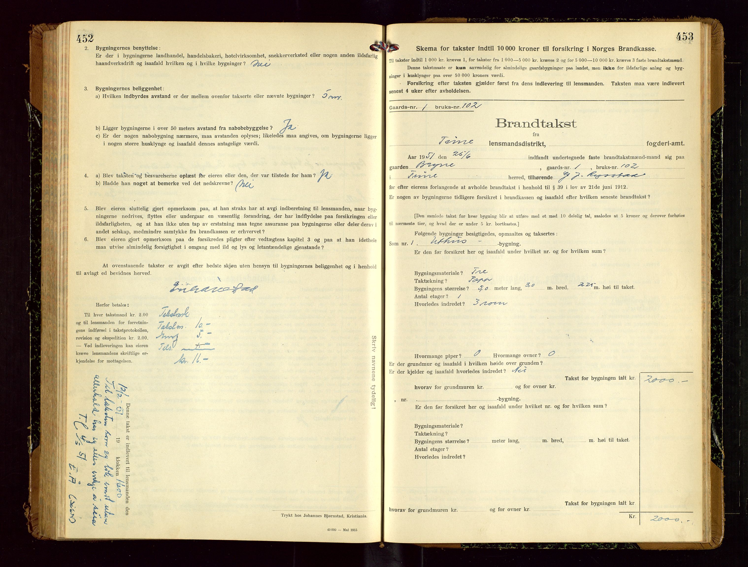 Time lensmannskontor, SAST/A-100420/Gob/L0002: Branntakstprotokoll, 1919-1952, p. 452-453