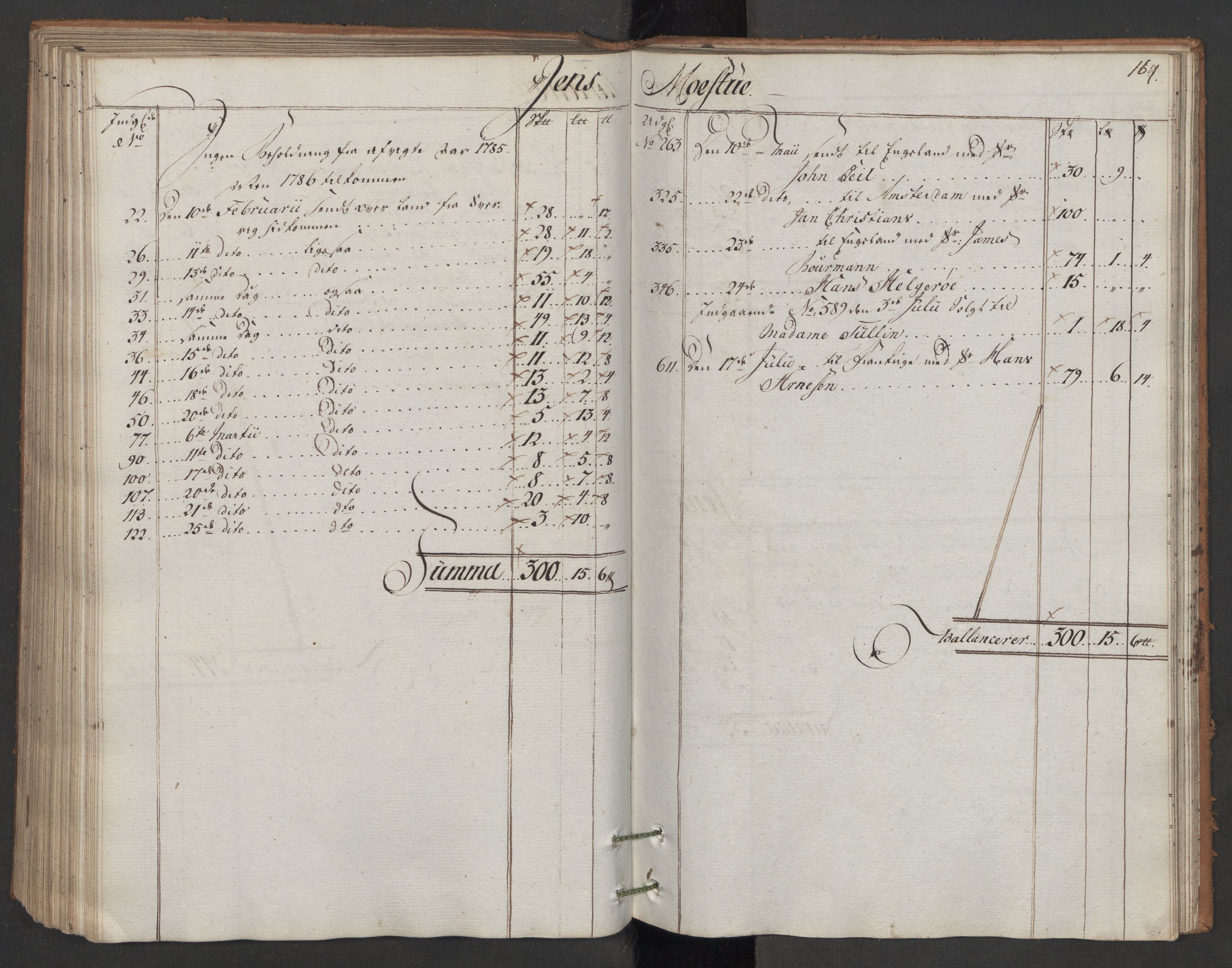 Generaltollkammeret, tollregnskaper, AV/RA-EA-5490/R06/L0166/0001: Tollregnskaper Kristiania / Utgående hovedtollbok, 1786, p. 168b-169a