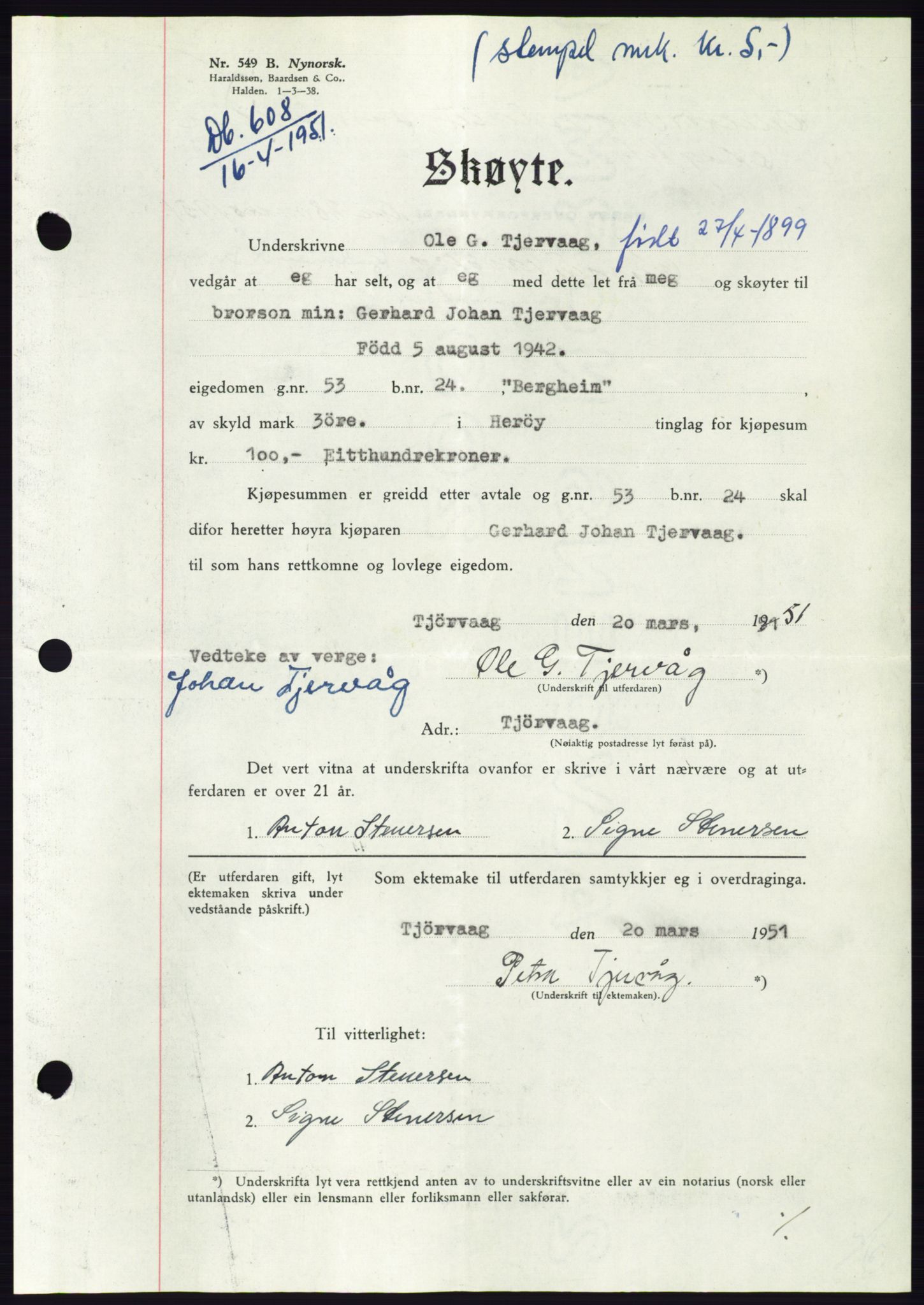 Søre Sunnmøre sorenskriveri, AV/SAT-A-4122/1/2/2C/L0089: Mortgage book no. 15A, 1951-1951, Diary no: : 608/1951