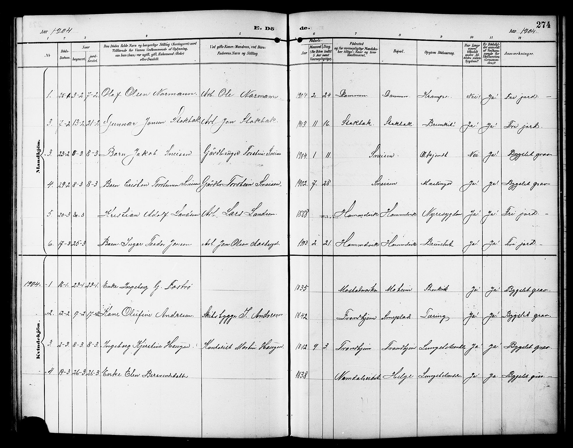 Ministerialprotokoller, klokkerbøker og fødselsregistre - Sør-Trøndelag, SAT/A-1456/617/L0431: Parish register (copy) no. 617C01, 1889-1910, p. 274