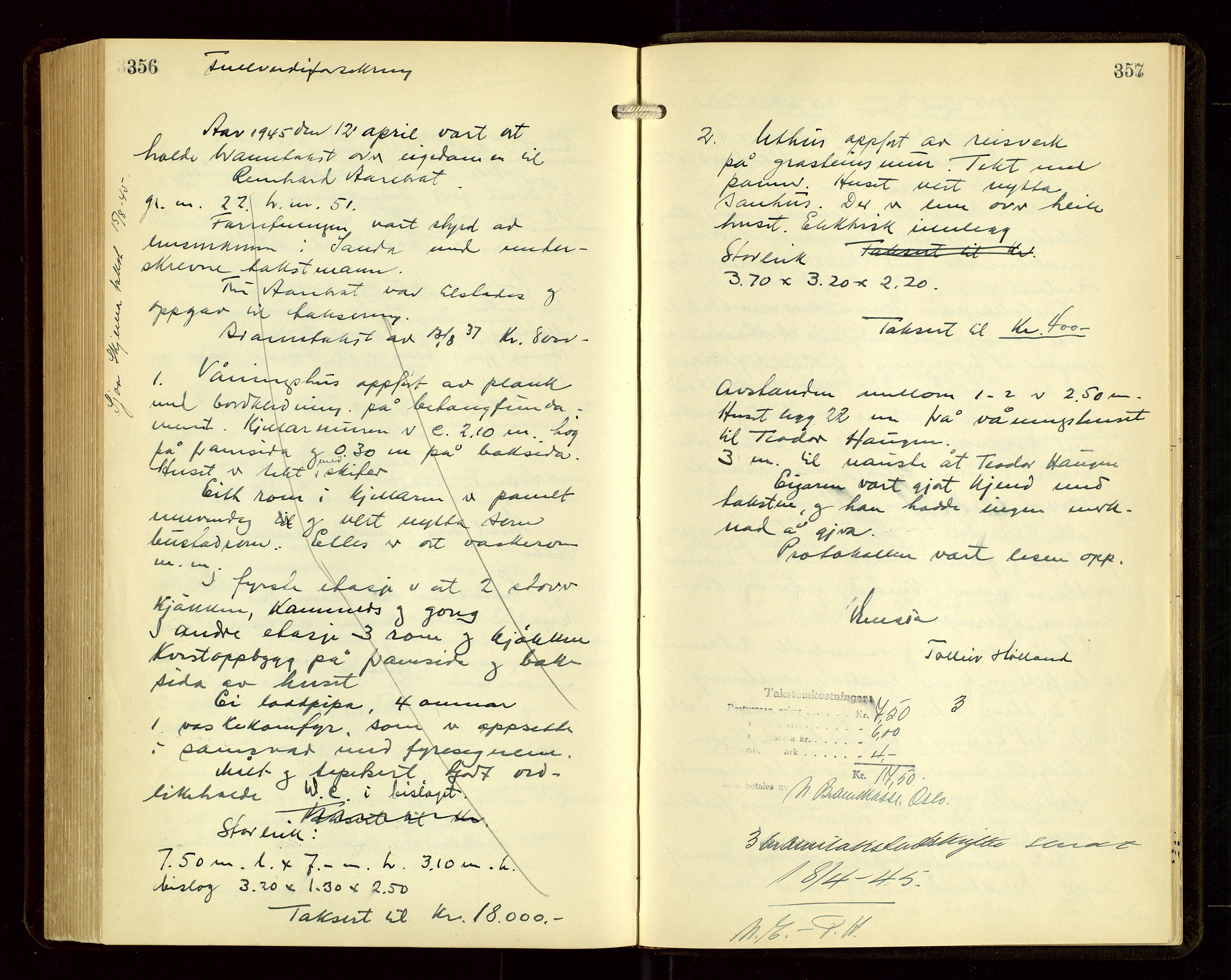 Sauda lensmannskontor, SAST/A-100177/Goa/L0004: "Brandtakstprotokoll for Sauda lensmannsdistrikt", 1934-1946, p. 356-357