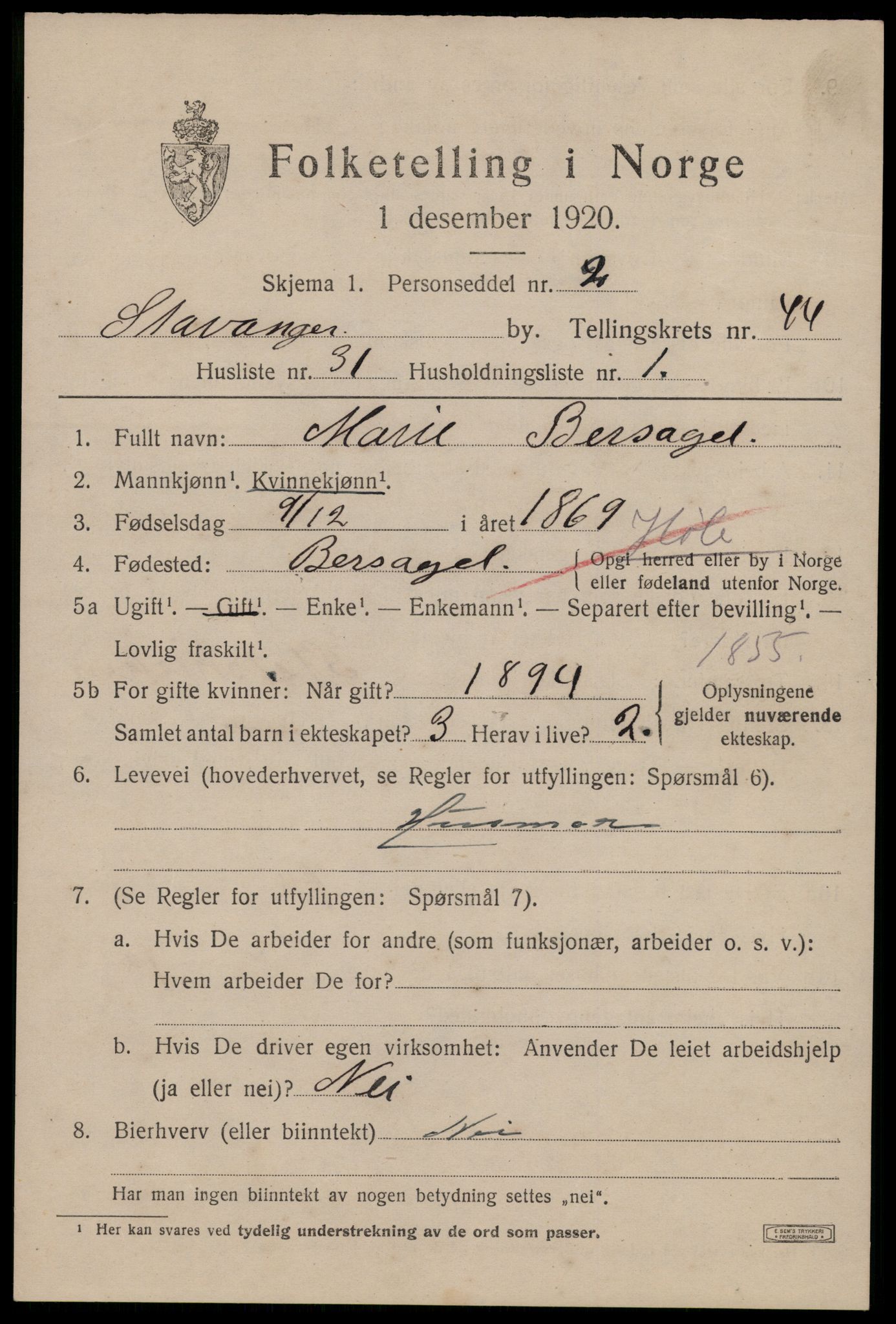 SAST, 1920 census for Stavanger, 1920, p. 108884