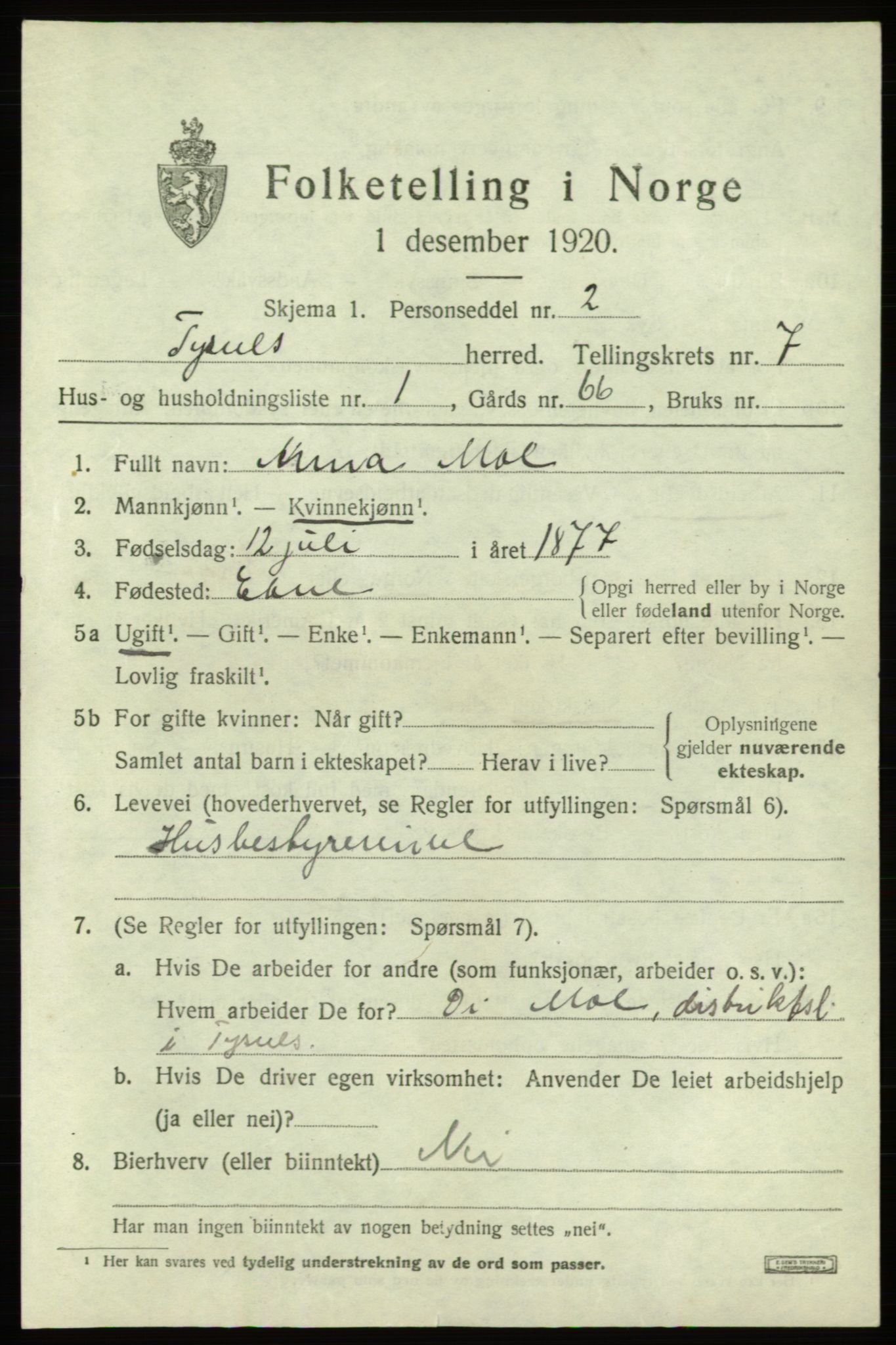 SAB, 1920 census for Tysnes, 1920, p. 4560