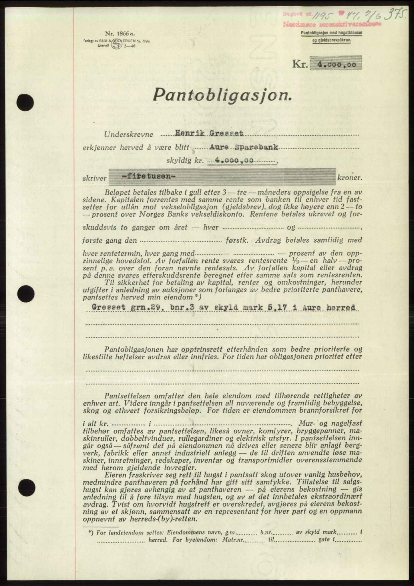 Nordmøre sorenskriveri, AV/SAT-A-4132/1/2/2Ca: Mortgage book no. B96, 1947-1947, Diary no: : 1195/1947